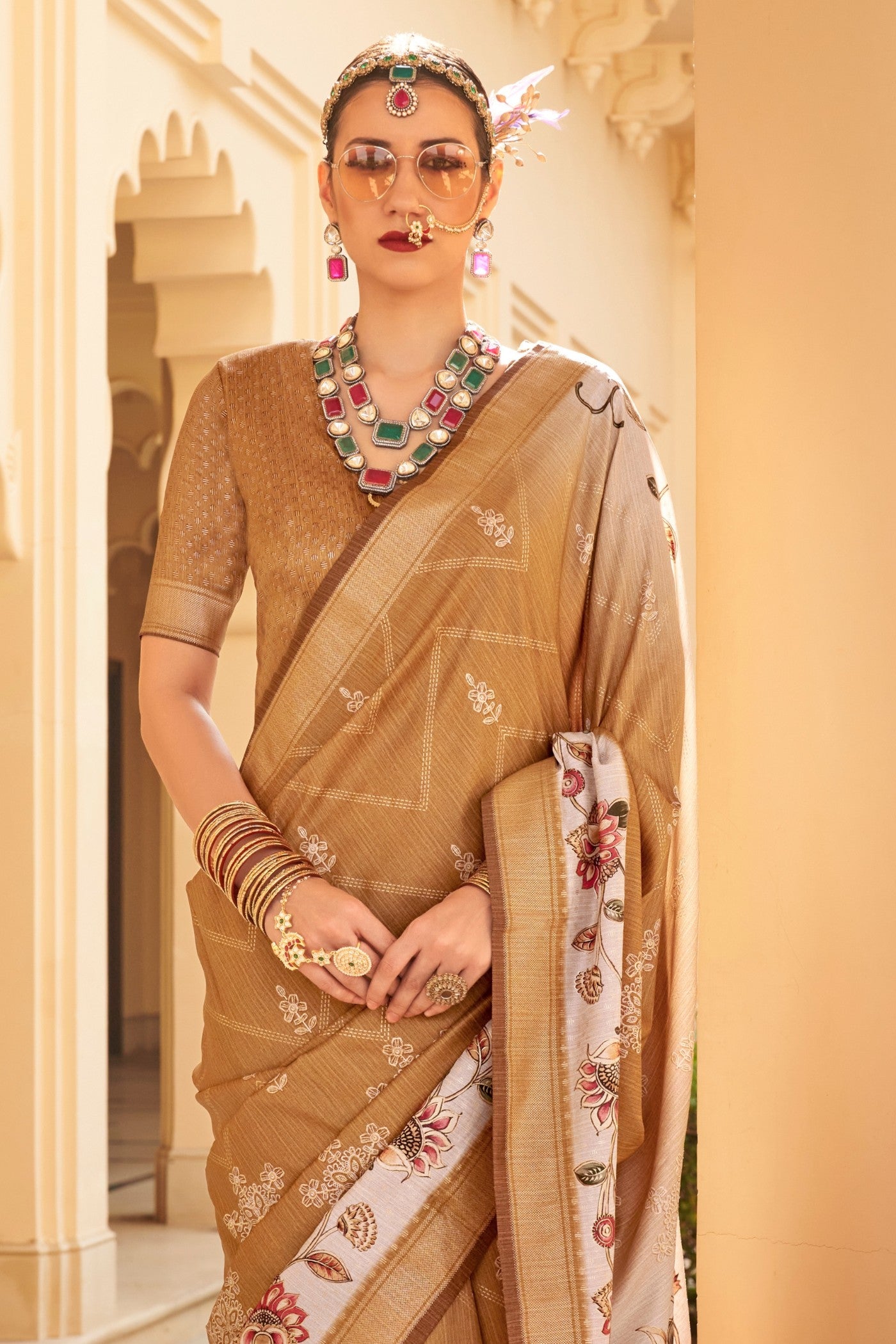 Buy MySilkLove Rajah Brown Floral Printed Banarasi Saree Online