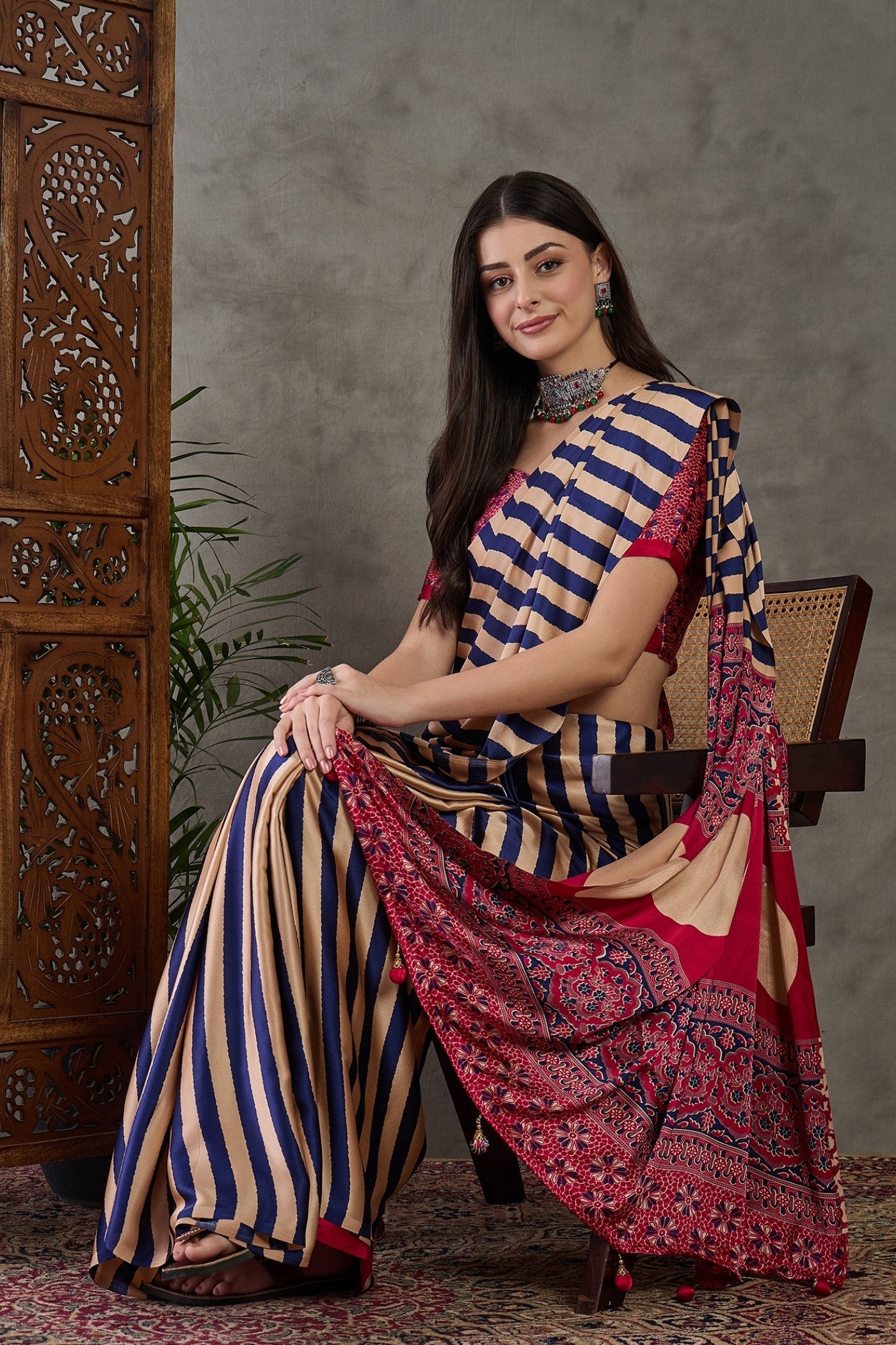 Buy MySilkLove Sapphire Blue Stripe Ajrakh Printed Satin Gaji Silk Saree Online