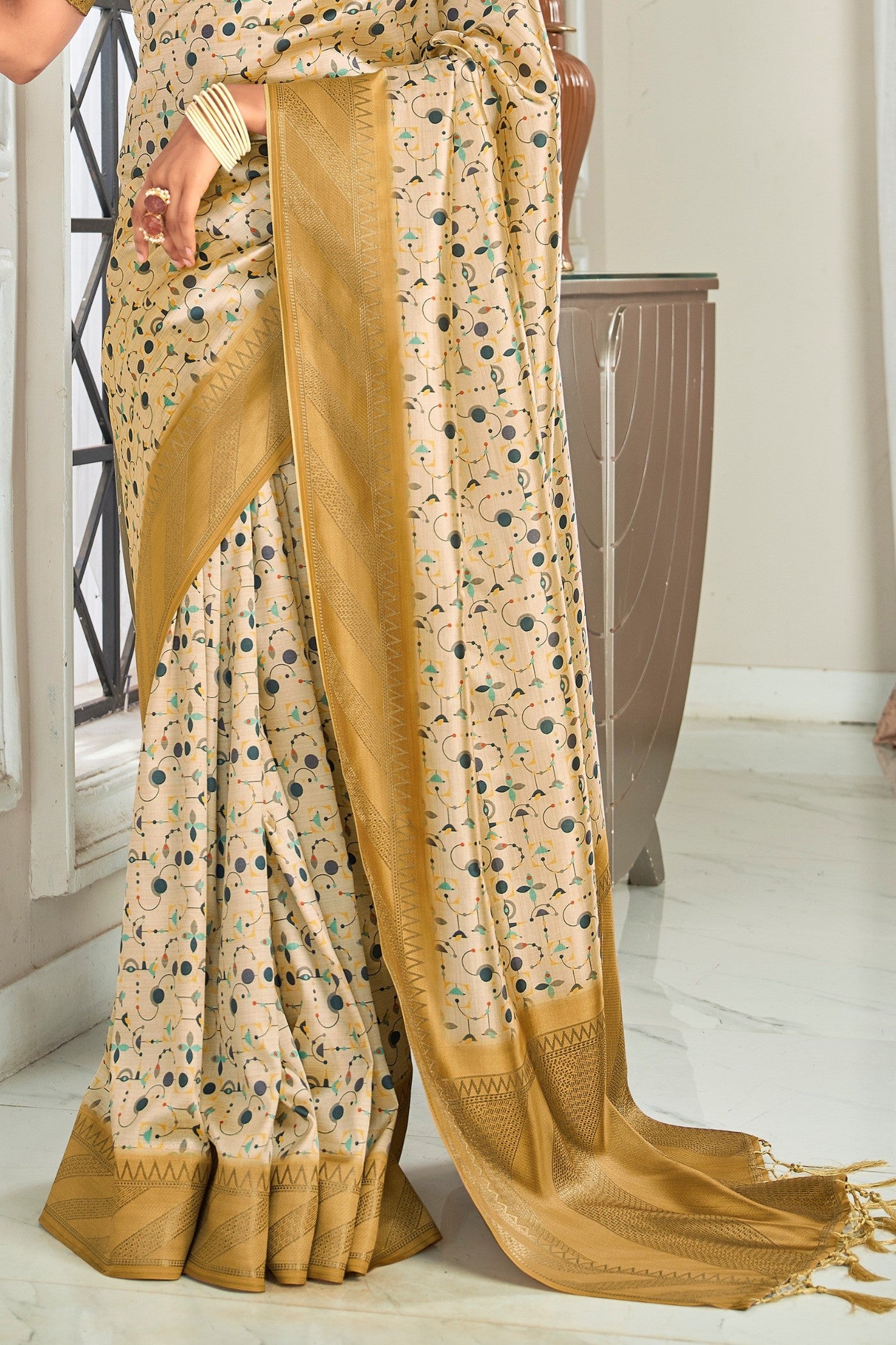 Buy MySilkLove Twine Cream and Yellow Digital Printed Banarasi Saree Online