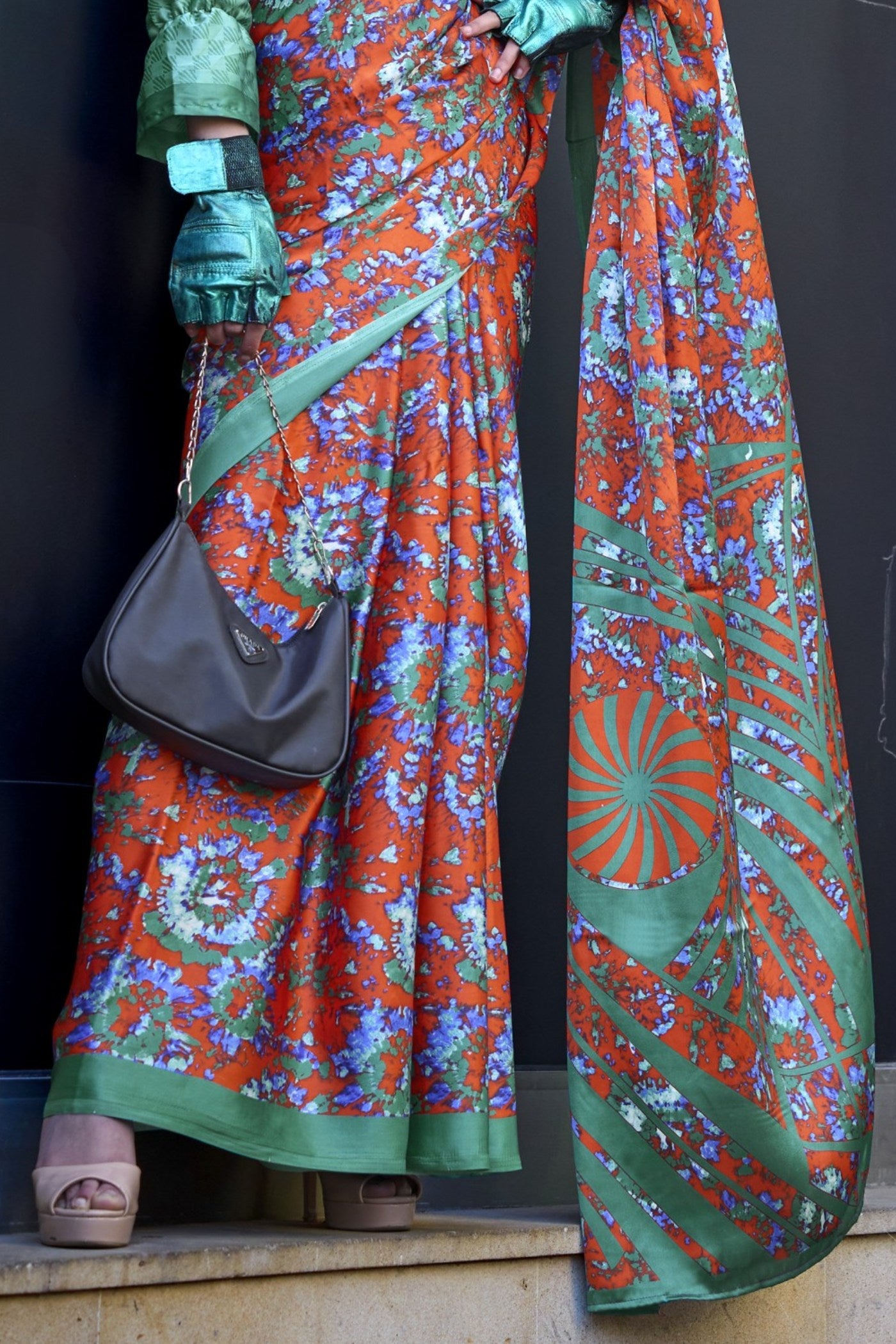 Buy MySilkLove Squach Orange and Green Printed Satin Crepe Silk Saree Online