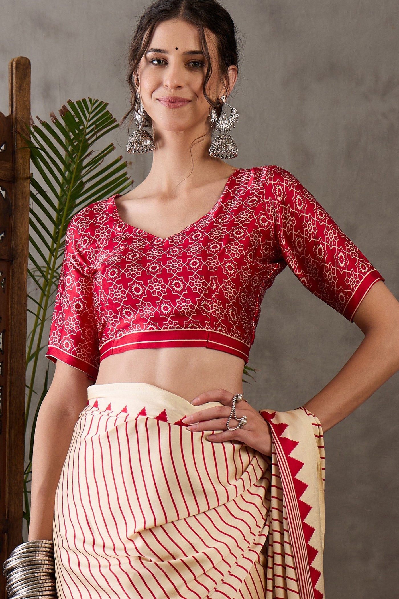 Buy MySilkLove Almond Cream and Red Printed Satin Gaji Silk Saree Online