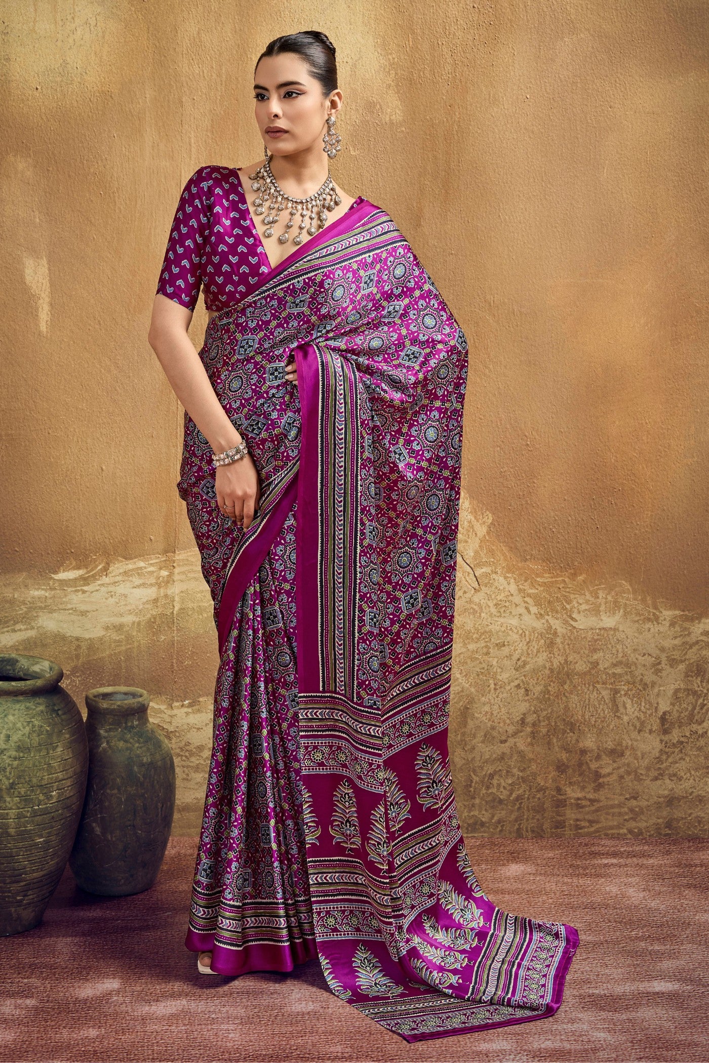 Buy MySilkLove Violet Purple Modal Ajrakh Satin Printed Silk Saree Online