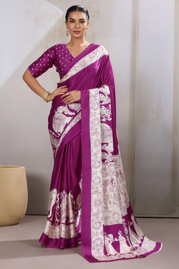 Buy MySilkLove Cosmic Purple Modal Ajrakh Printed Satin Silk Saree Online