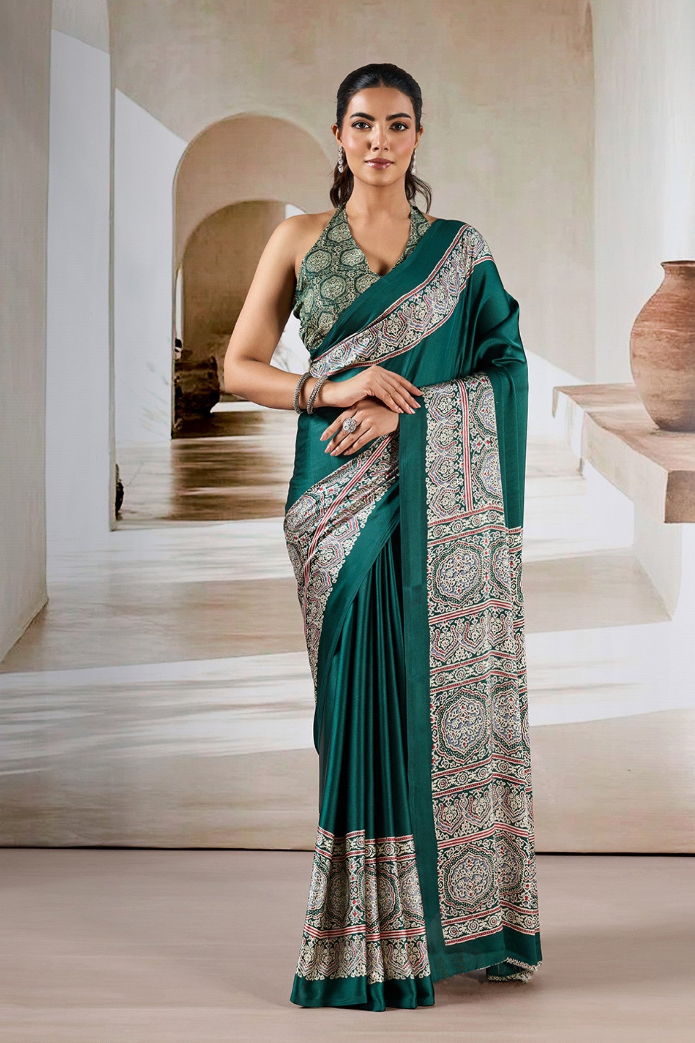 Buy MySilkLove Ainsley Green Ajrakh Printed Satin Crepe Silk Saree Online