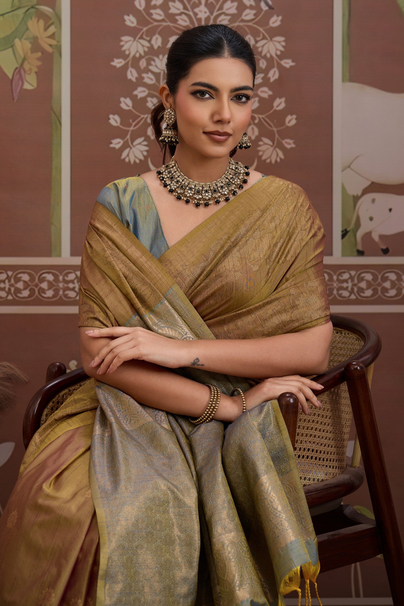 Buy MySilkLove Sage Green Banarasi Handloom Tussar Saree Online