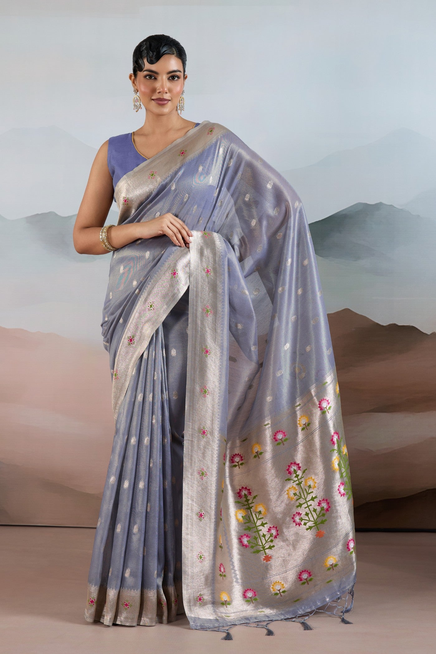 Buy MySilkLove Opaline Grey Zari Woven Tissue Paithani Saree Online