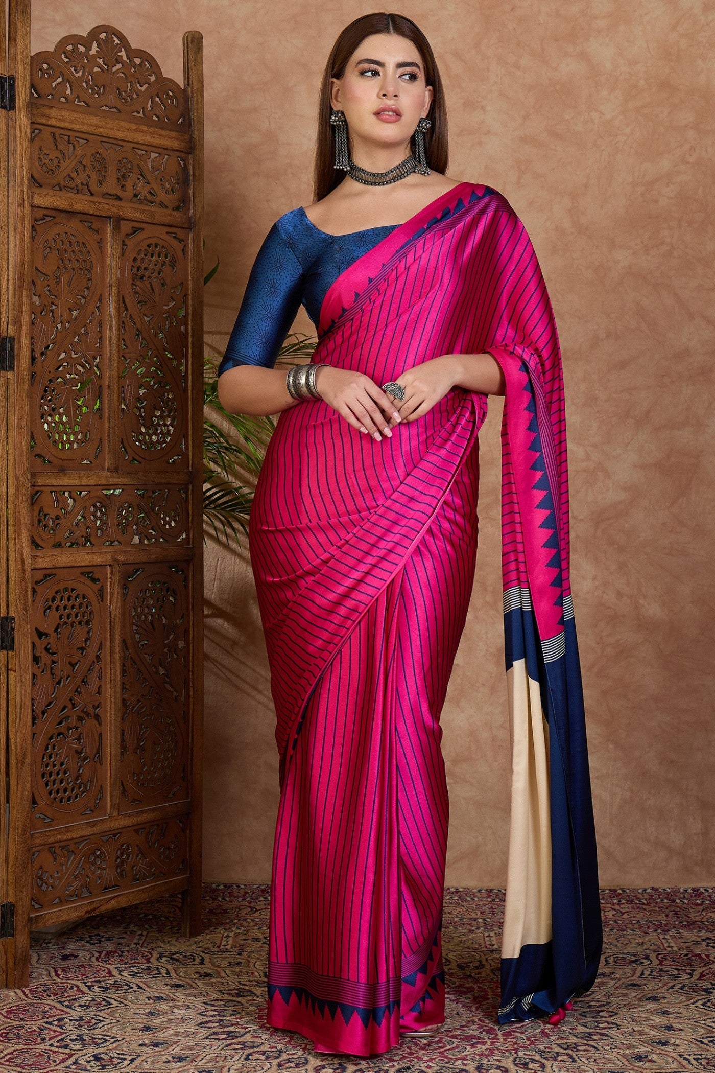 Buy MySilkLove Magenta Pink and Blue Stripe Ajrakh Printed Satin Crepe Silk Saree Online
