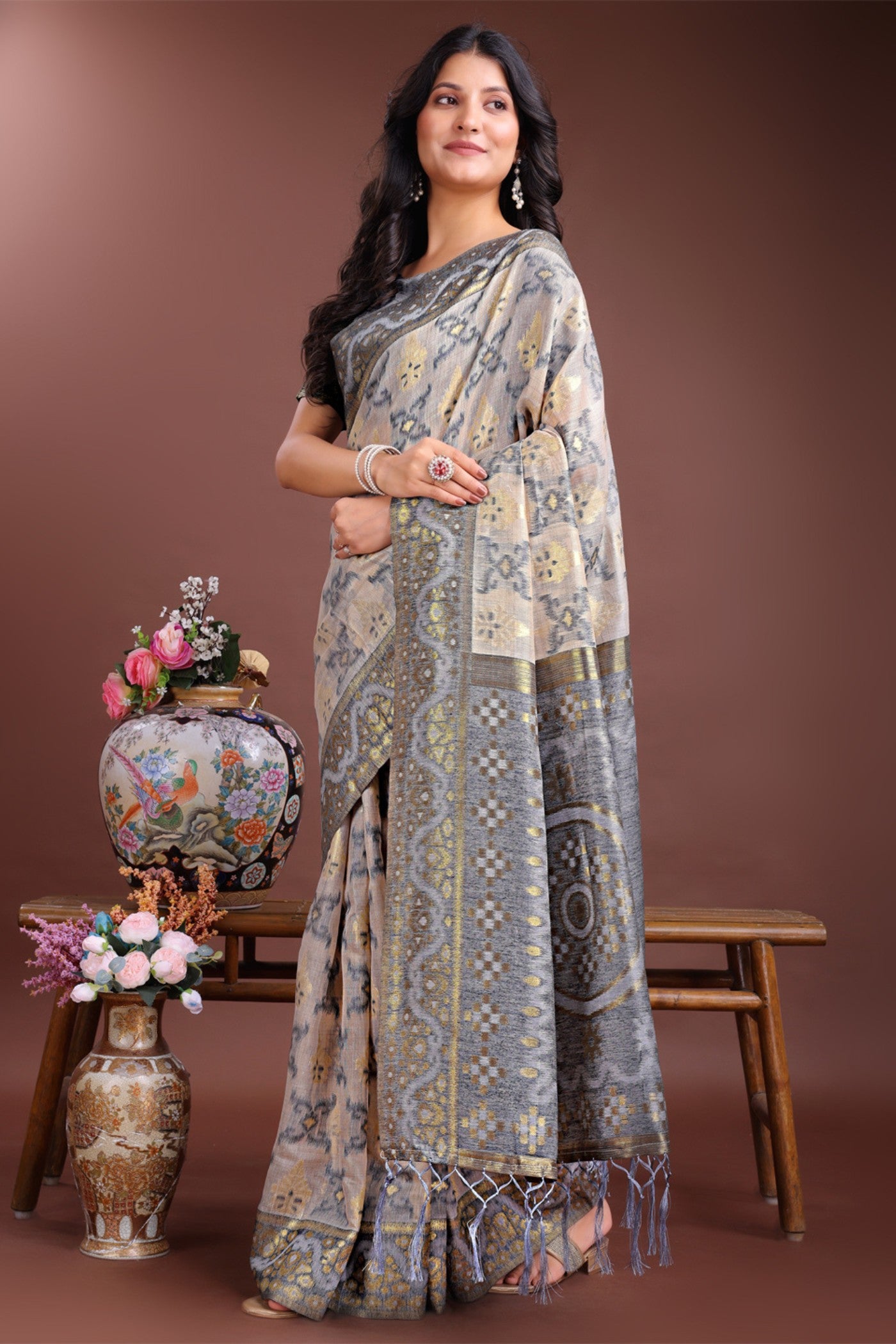 Buy MySilkLove Pewter Grey Linen Cotton Saree Online