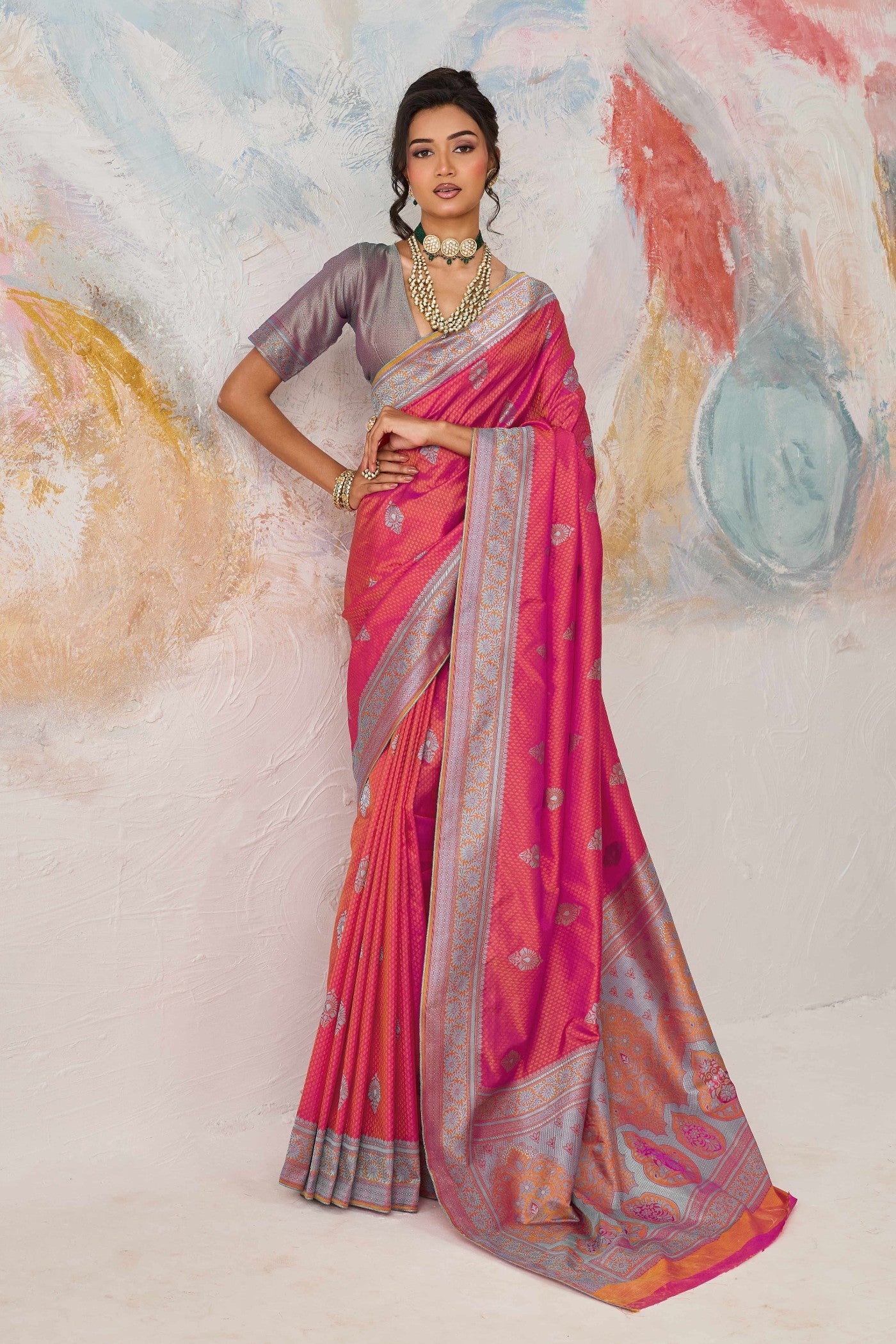 Buy MySilkLove Flamingo Pink Woven Tanchoi Kanjivaram Saree Online