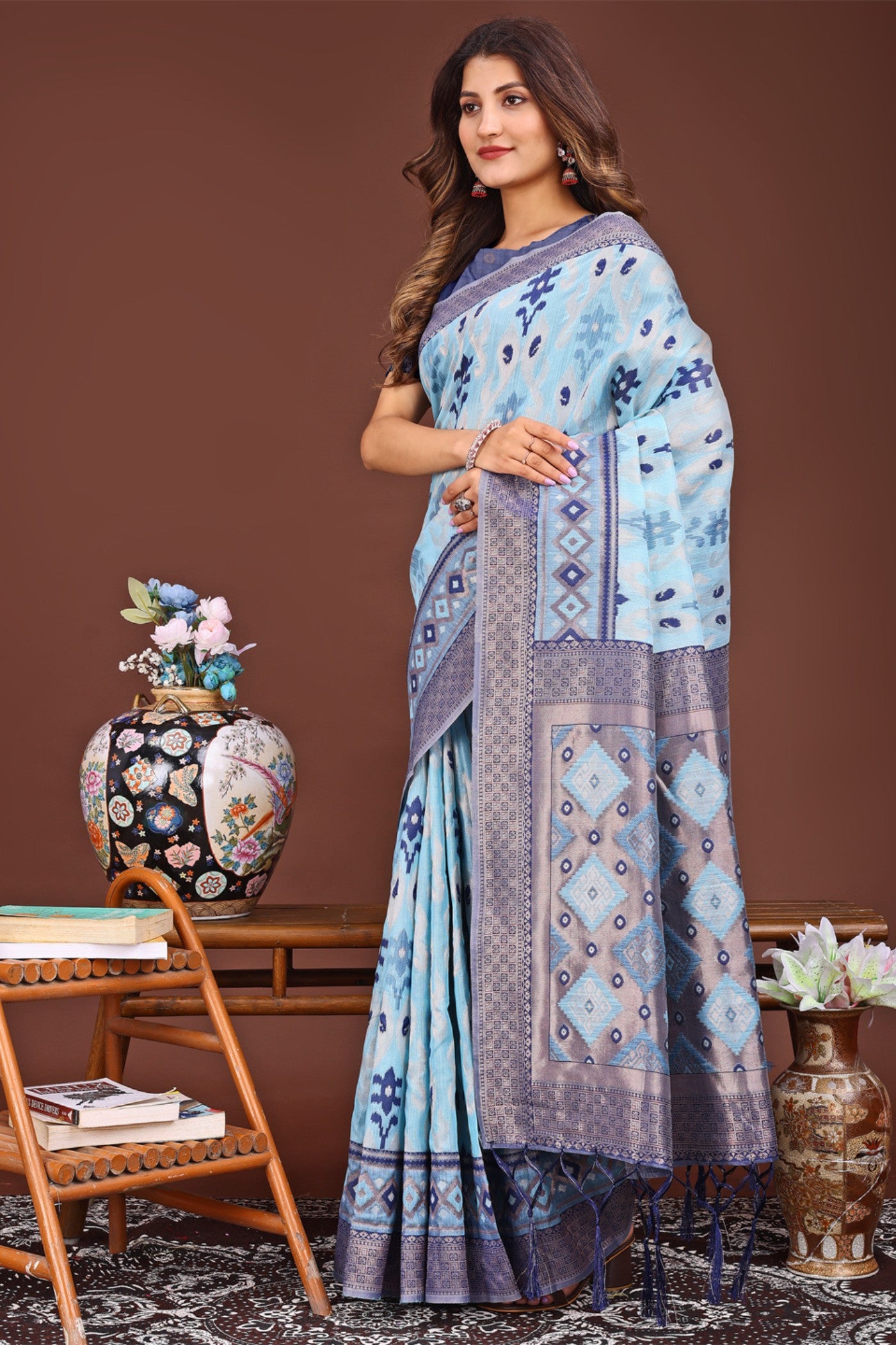 Buy MySilkLove Cerulean Blue Woven Linen Cotton Saree Online
