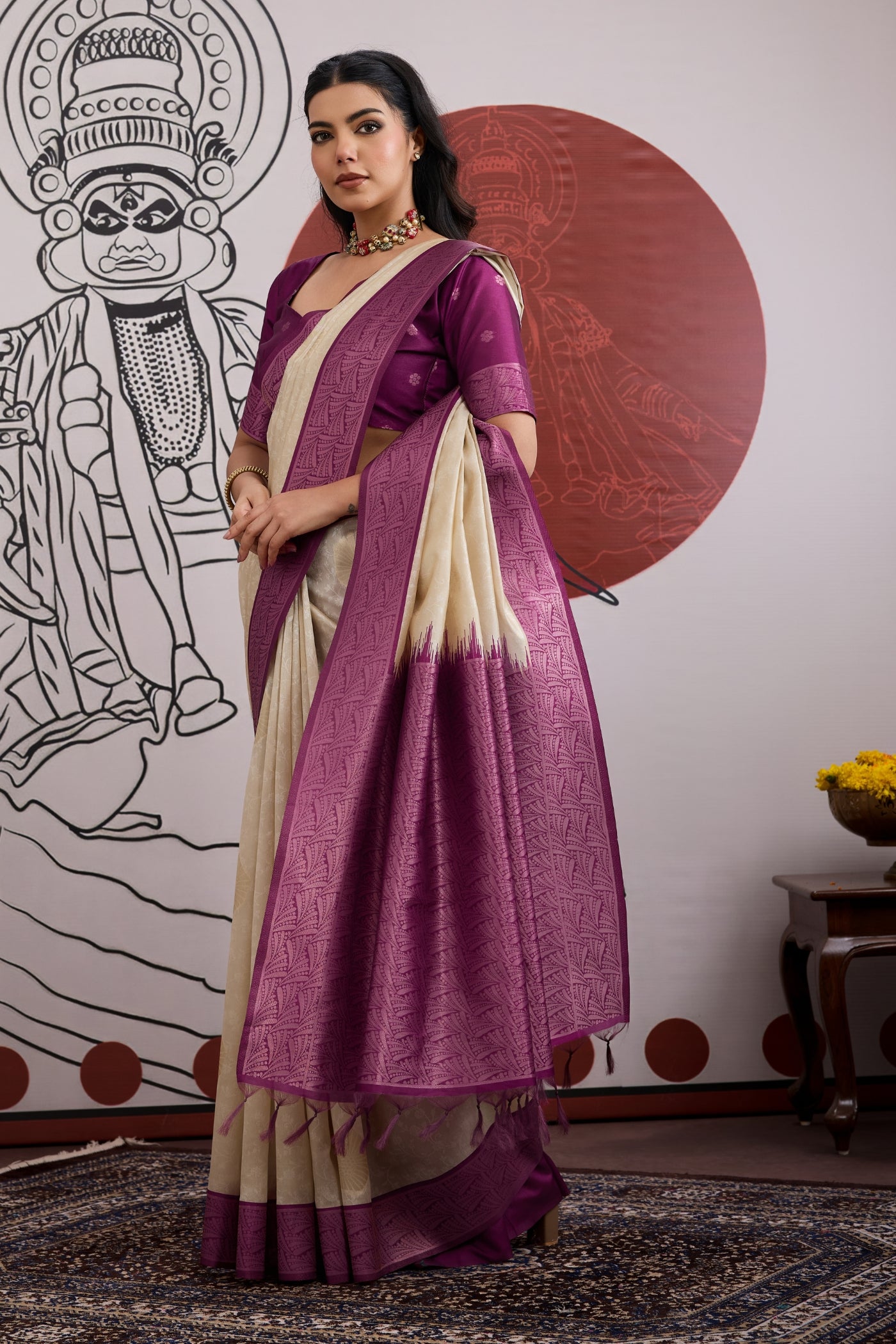 Buy MySilkLove Egg Nog Cream and Purple Handloom South Silk Saree Online