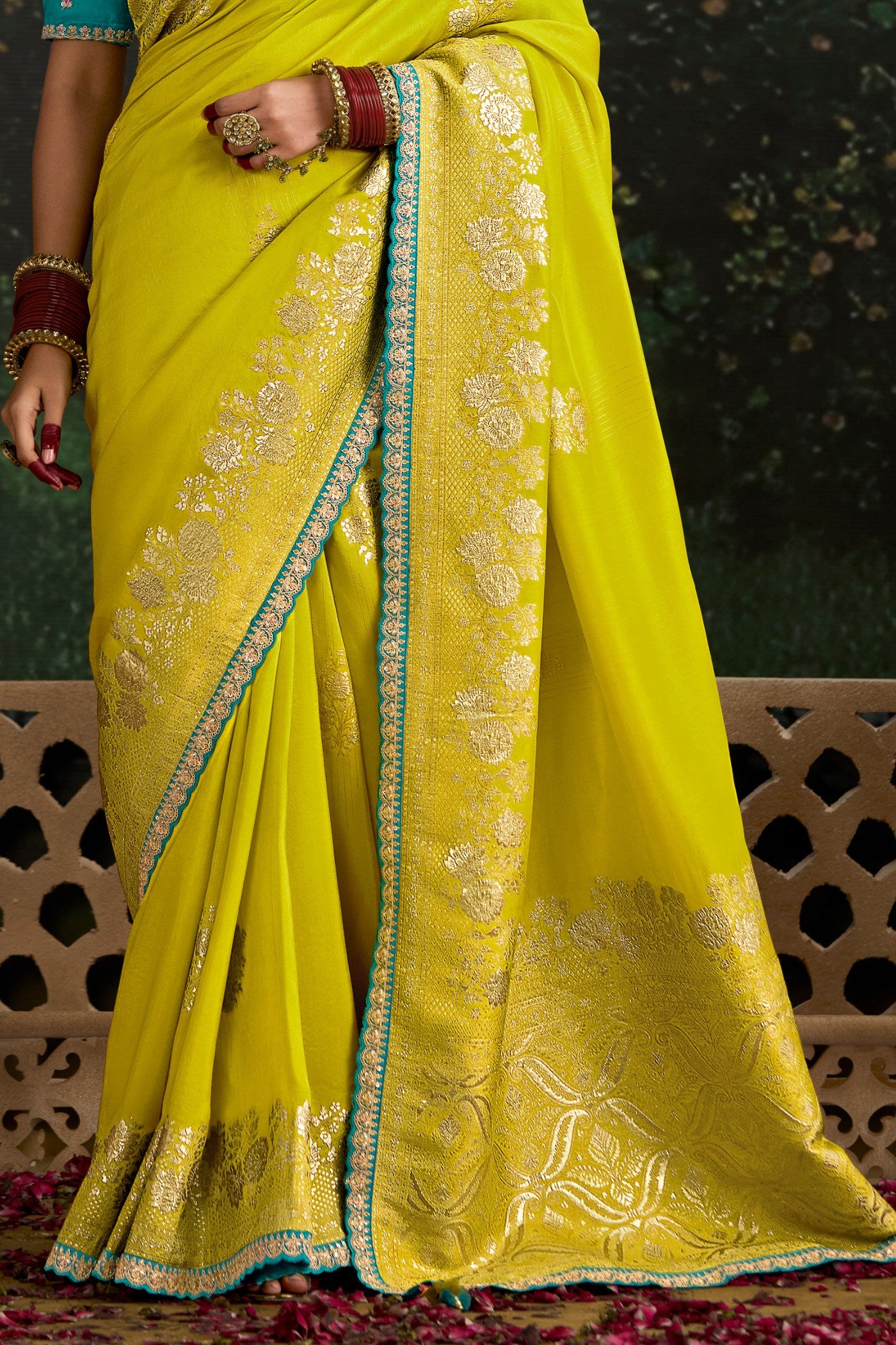 Buy MySilkLove Volt Yellow Designer Banarasi Saree Online