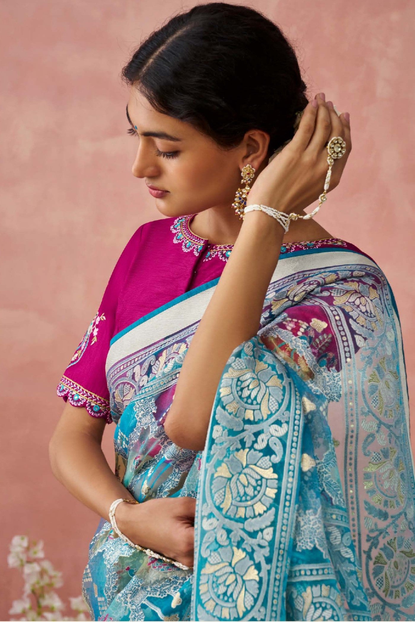 Buy MySilkLove Juniper Blue and Pink Brasso Organza Printed Saree Online