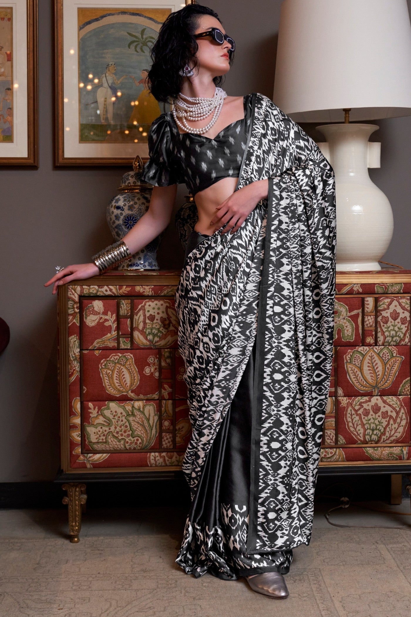 Buy MySilkLove Space Black Patola Printed Satin Crepe Saree Online