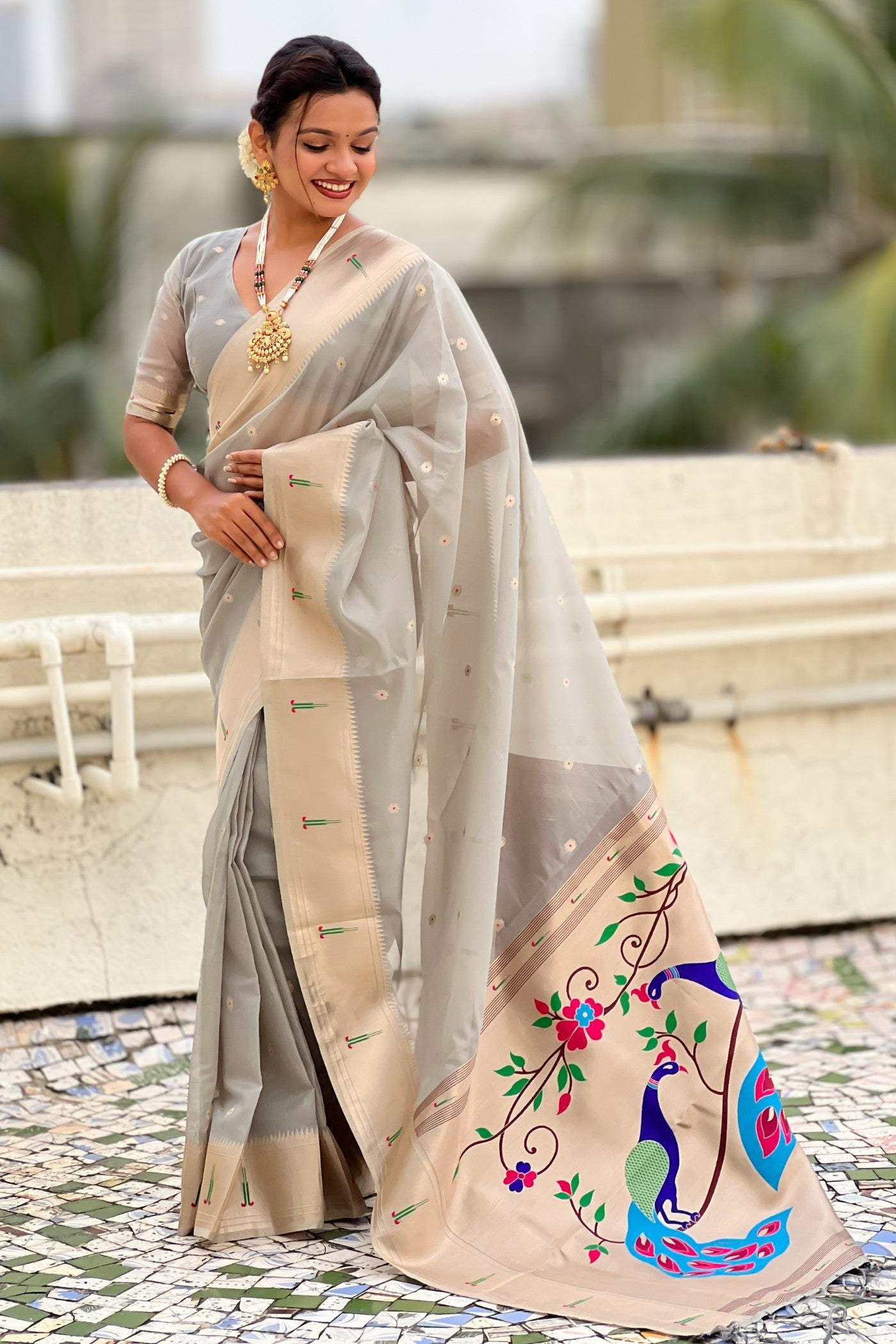 Buy MySilkLove Steel Grey Organza Woven Paithani Saree Online