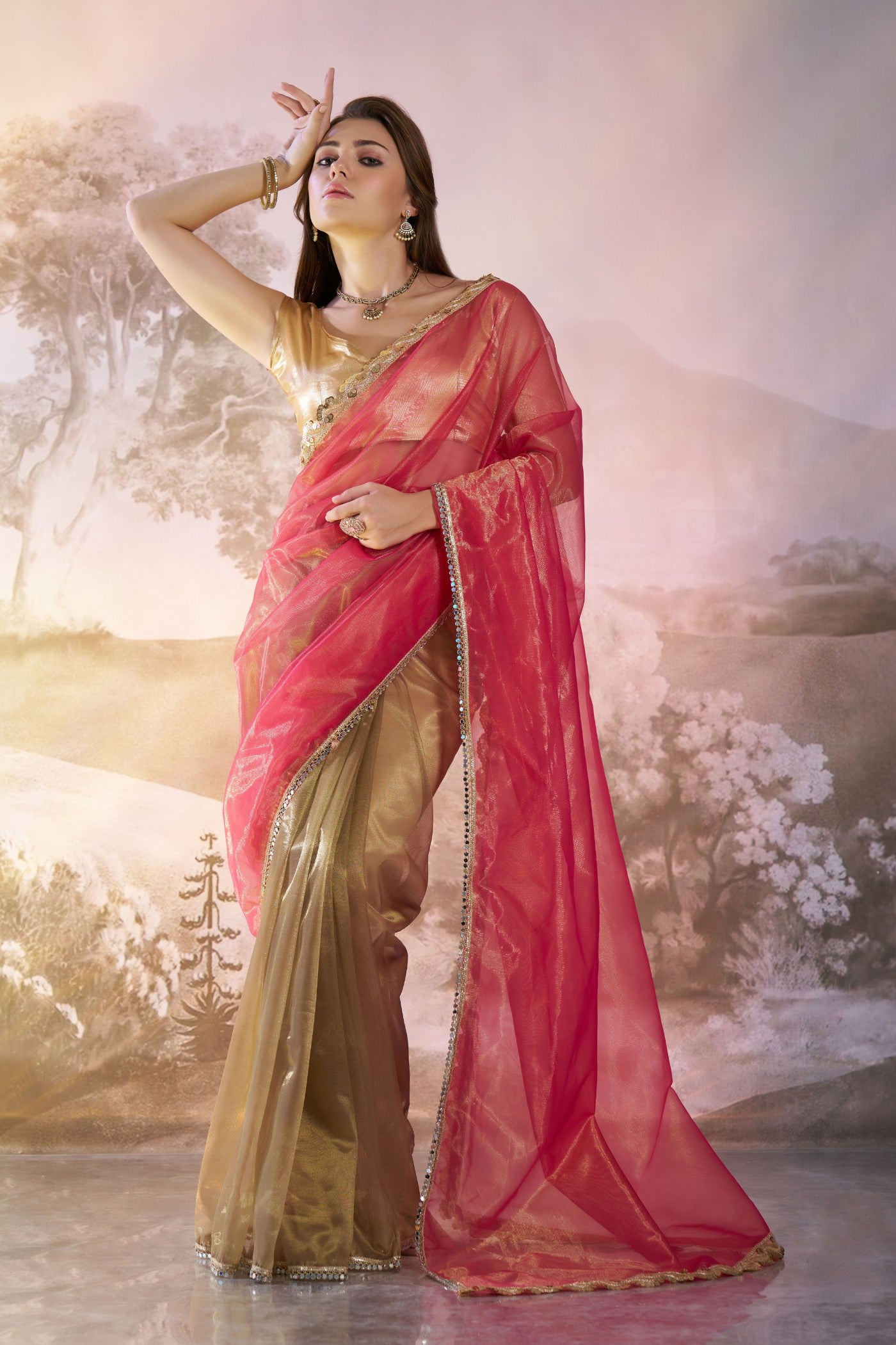 MySilkLove Cardinal Pink and Green Partywear Net Saree