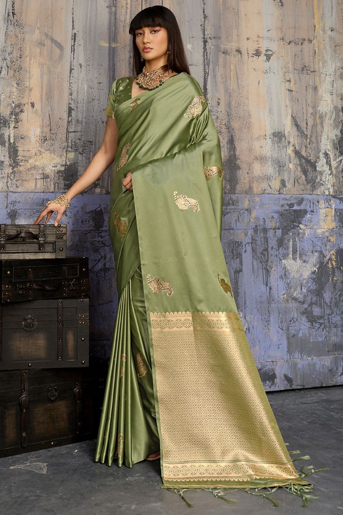Buy MySilkLove Lime Green Handloom Satin Soft Silk Saree Online