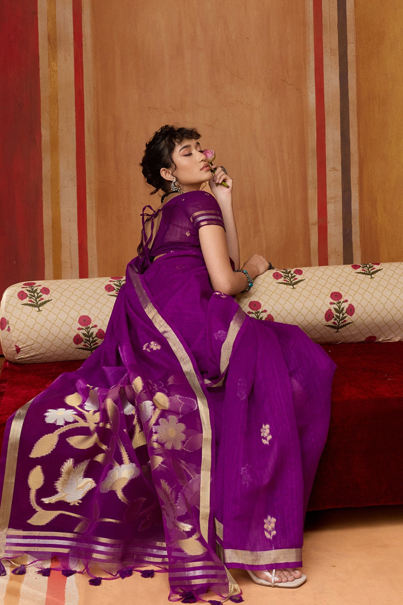Buy MySilkLove Daisy Purple Handloom Munga Cotton Saree Online