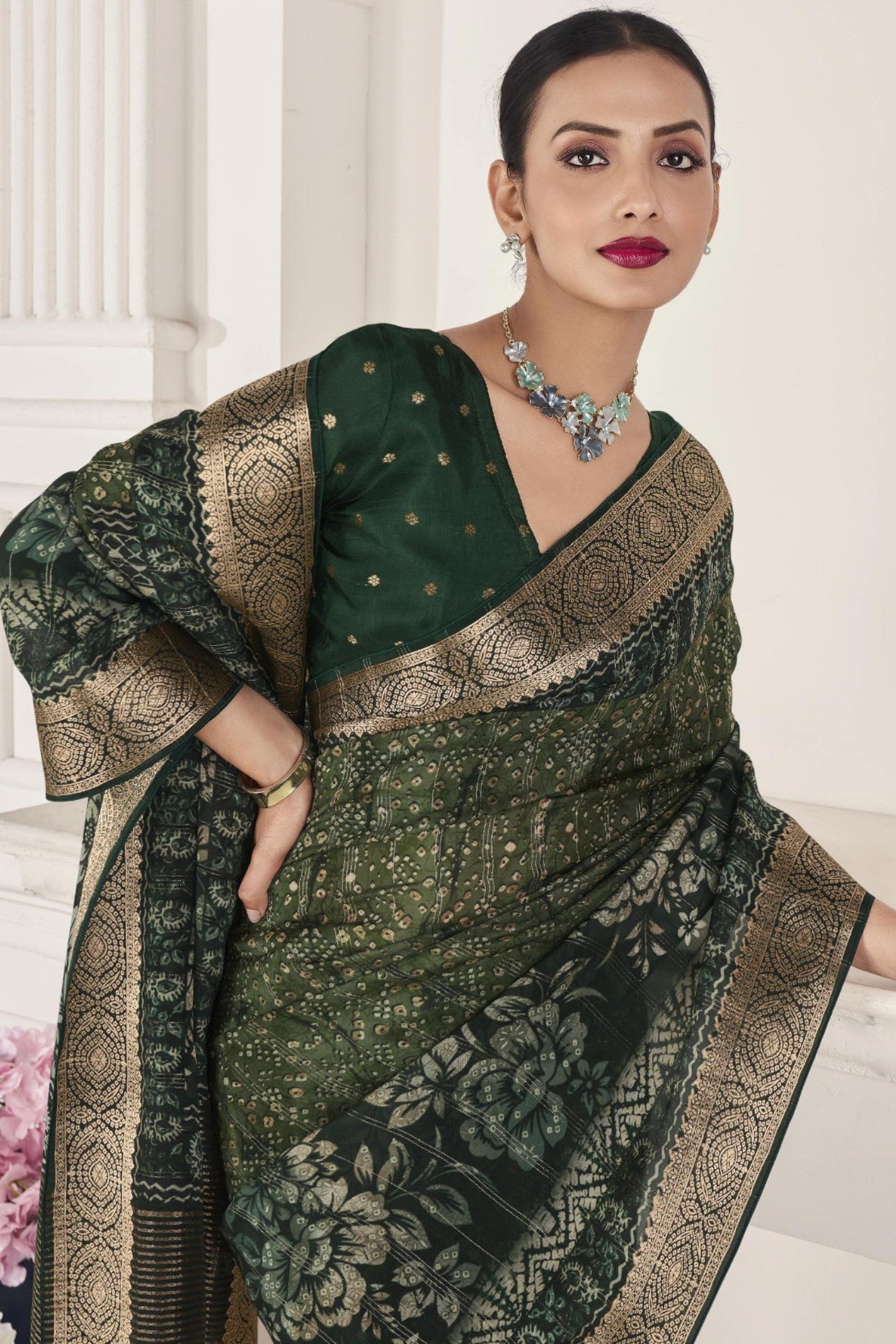 Buy MySilkLove Rangitoto Green Banarasi Silk Saree Online