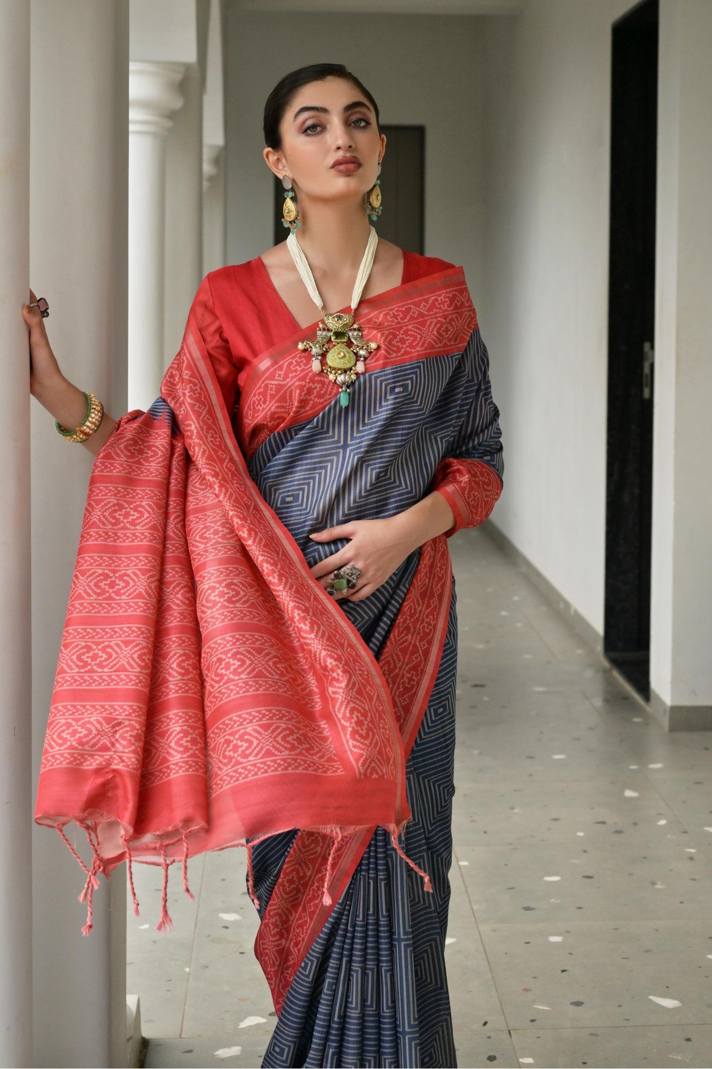 Buy MySilkLove Camouflage Grey and Red Printed Tussar Silk Saree Online