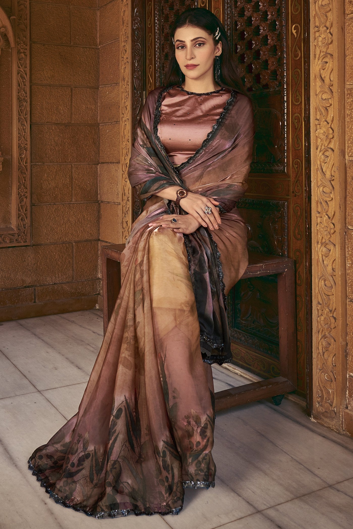 Buy MySilkLove Irish Coffee Brown Satin Printed Silk Saree Online