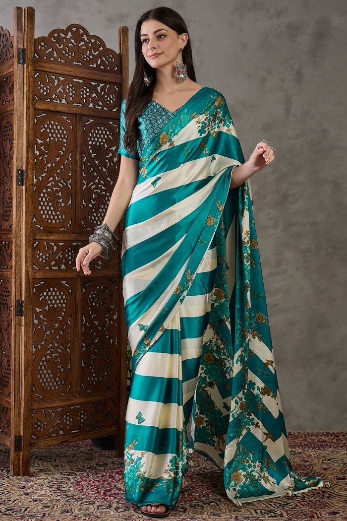 Buy MySilkLove Water Blue Stripe Printed Floral Satin Gaji Silk Saree Online