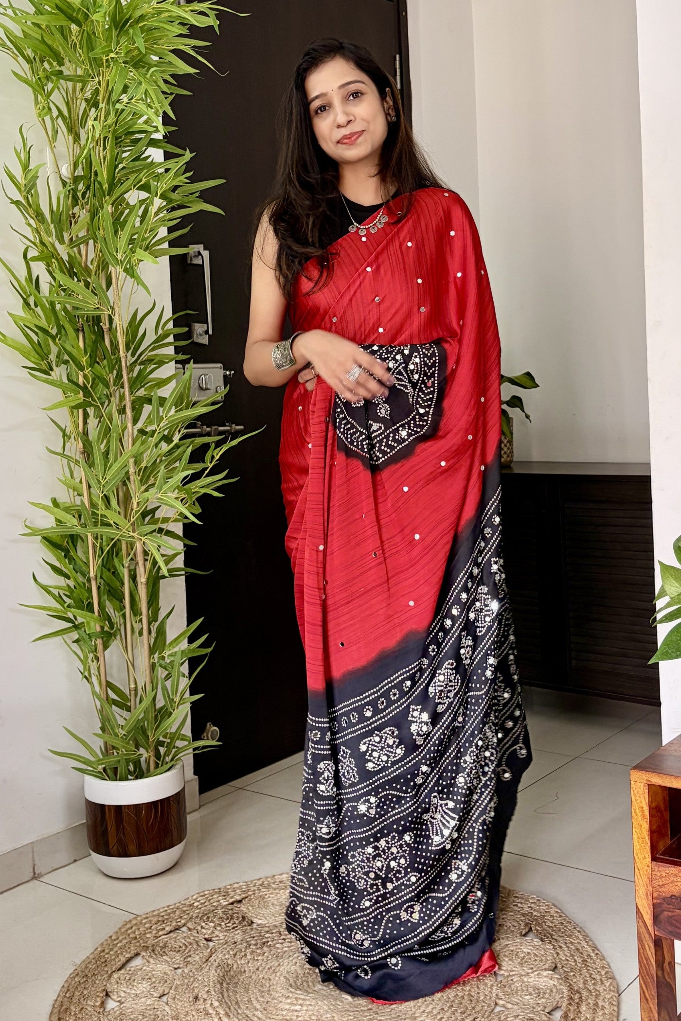 Buy MySilkLove Ruby Red and Black Gaji Bandej Satin Soft Silk Saree Online