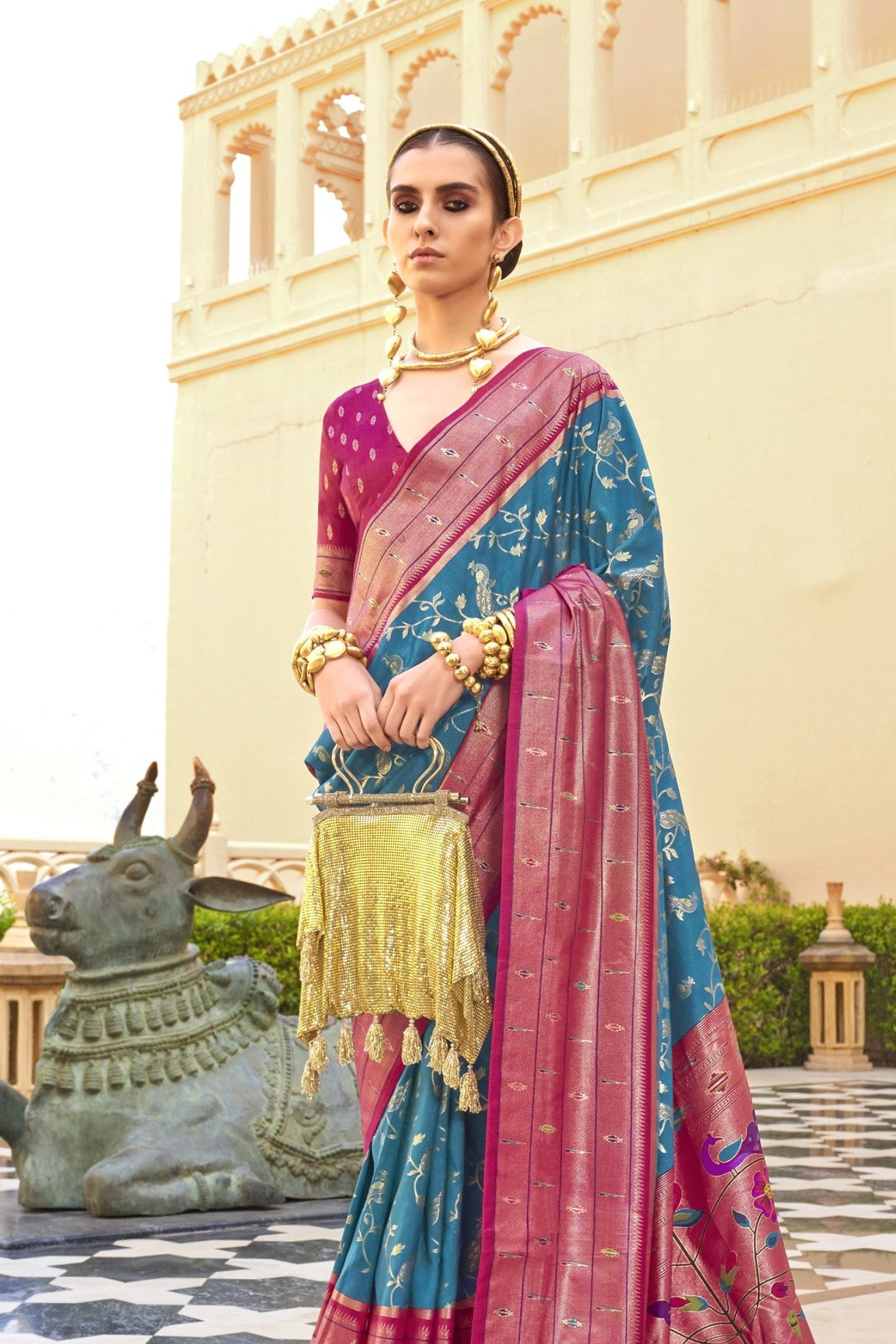 Buy MySilkLove Boston Blue and Pink Woven Paithani Designer Saree Online