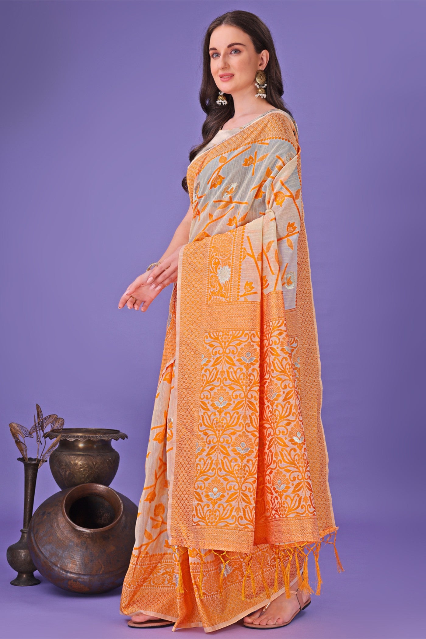 MySilkLove Carrot Orange Linen Cotton Saree