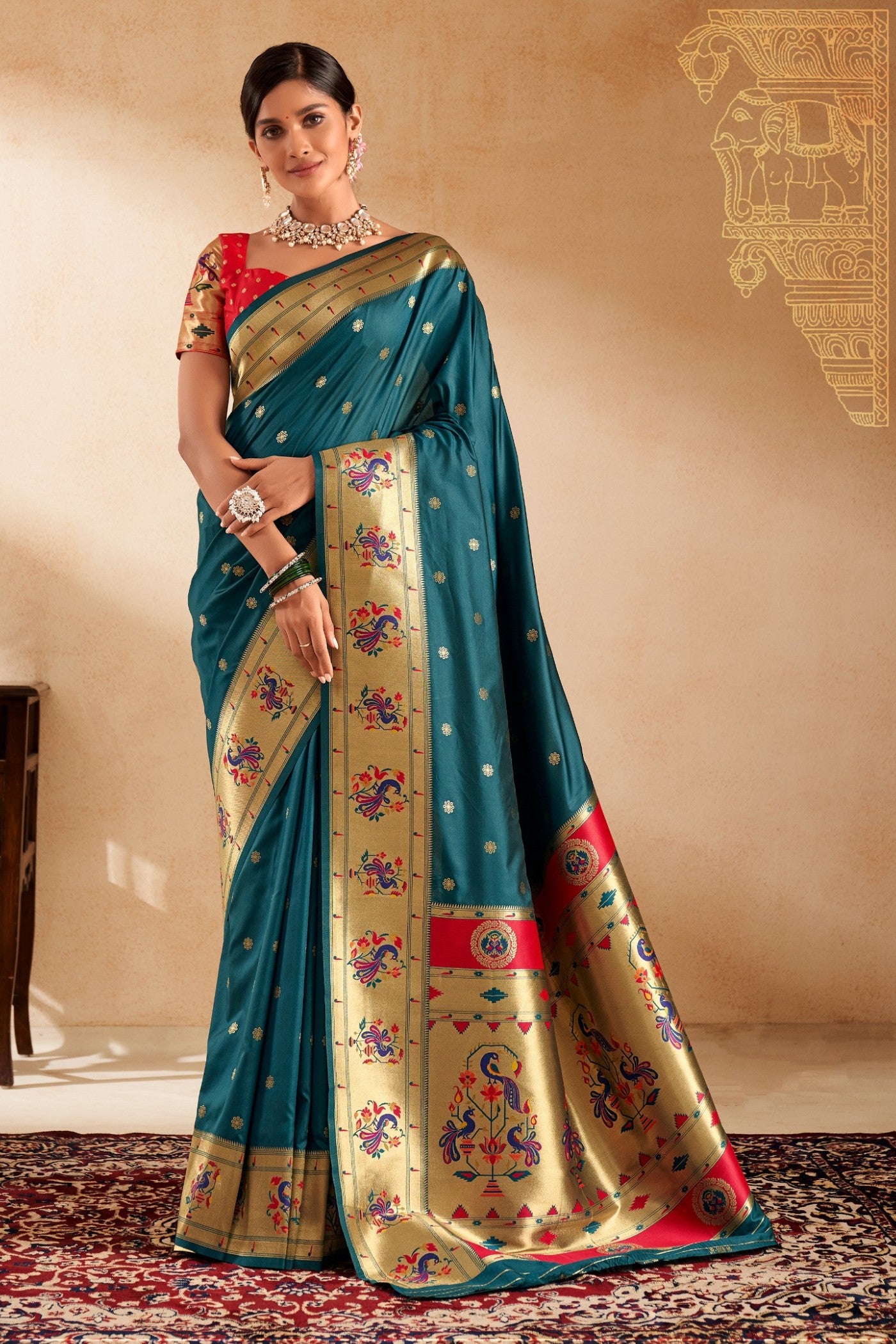 Buy MySilkLove Limed Spruce Blue Woven Paithani Saree Online