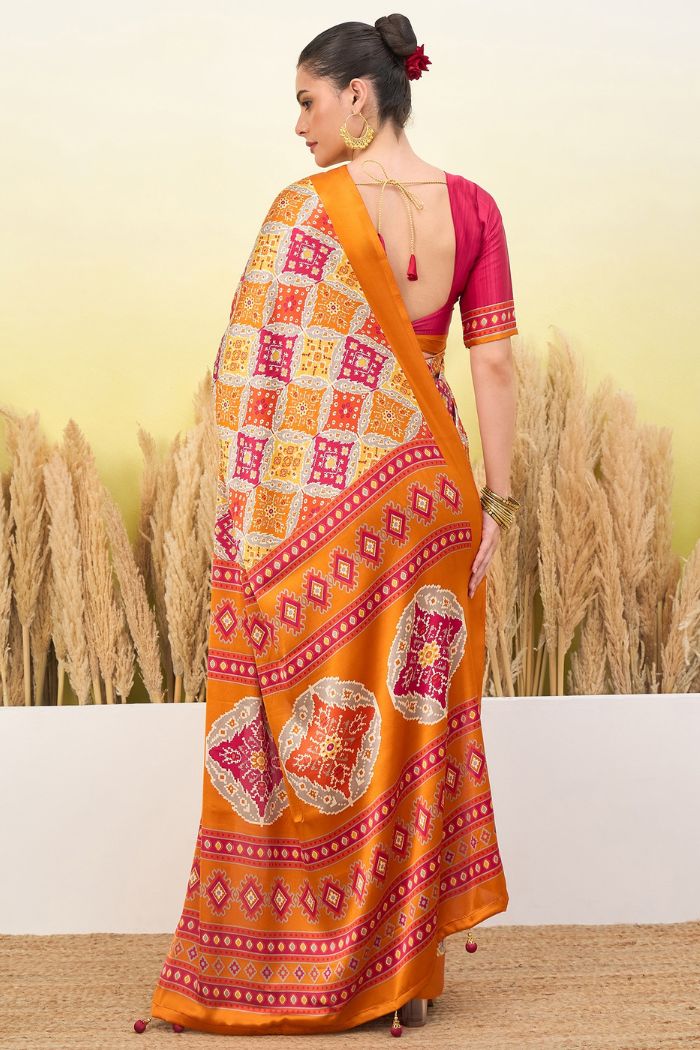 Buy MySilkLove Burnt Yellow Patola Printed Satin Crepe Silk Saree Online