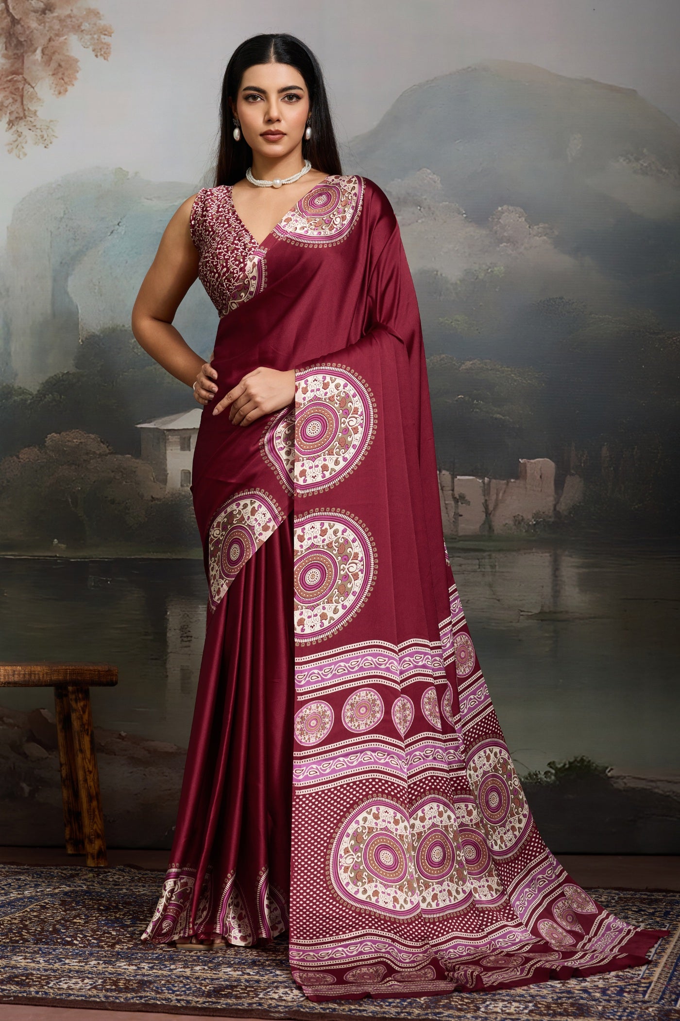 Buy MySilkLove Ruby Purple Modal Ajrakh Printed Silk Saree Online