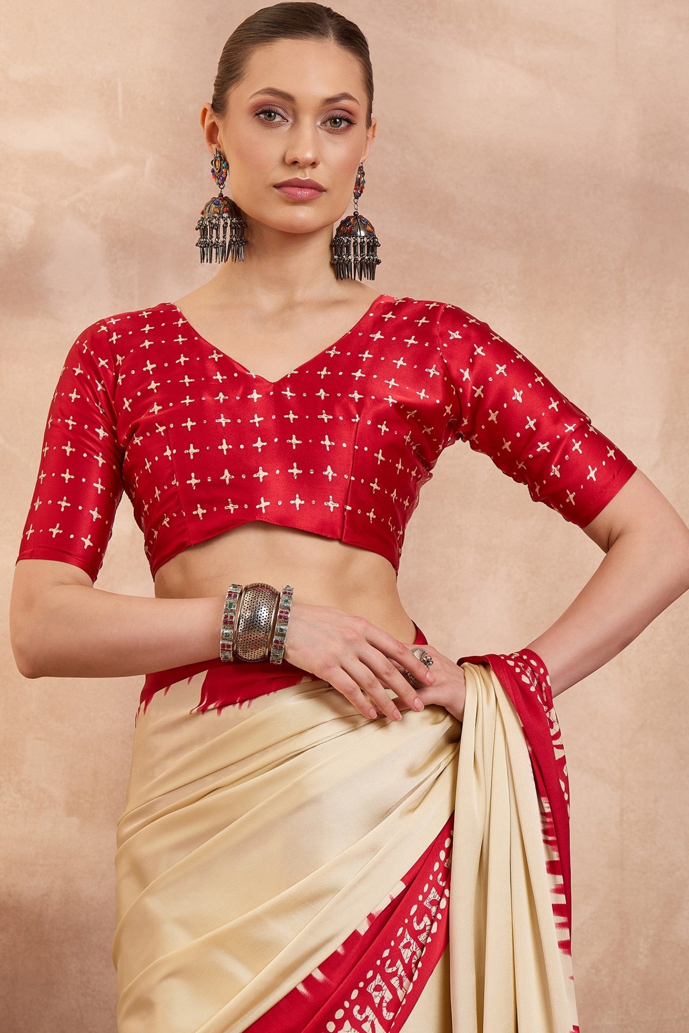 Buy MySilkLove Seashell Cream Printed Satin Crepe Silk Saree Online