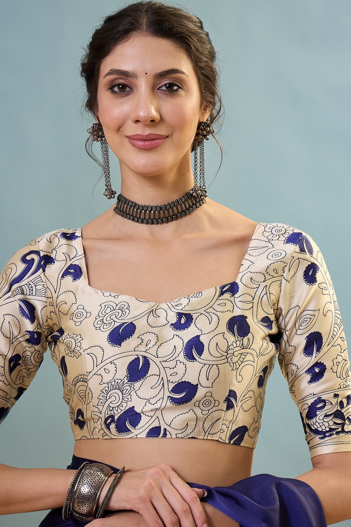 Buy MySilkLove Air Blue Ajrakh Printed Satin Crepe Silk Saree Online