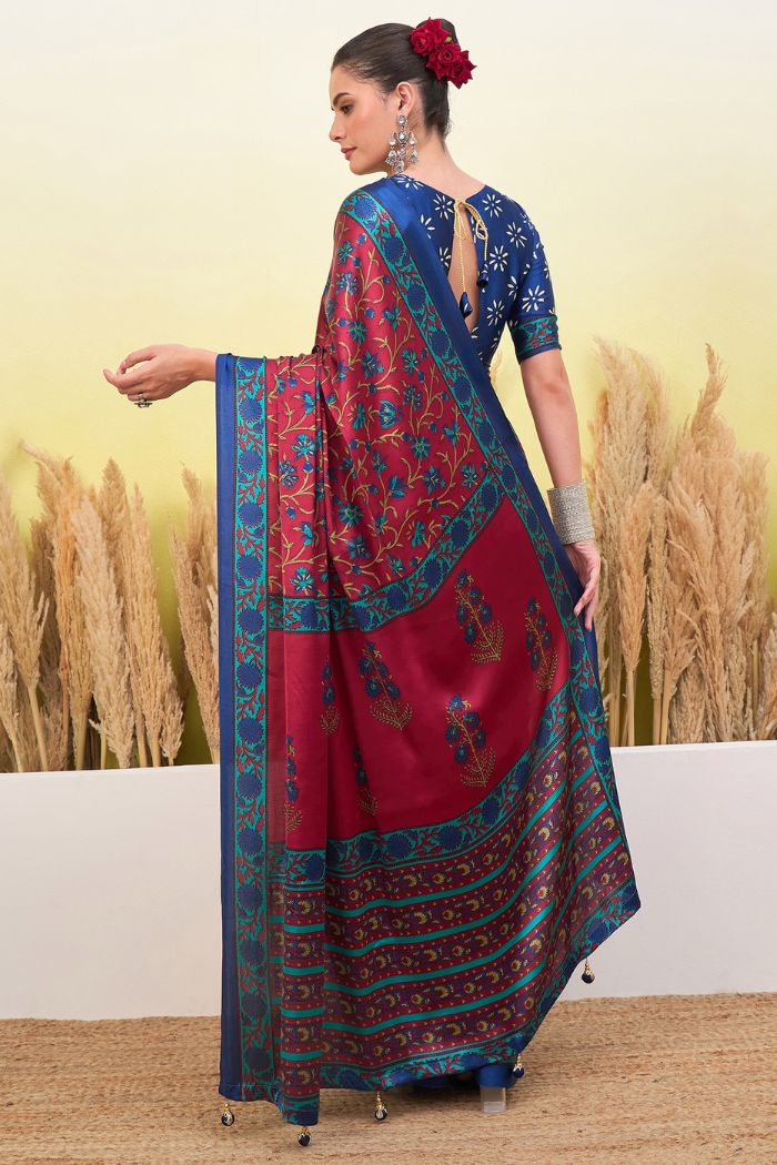 Buy MySilkLove Chili Red and Blue Modal Satin Printed Silk Saree Online