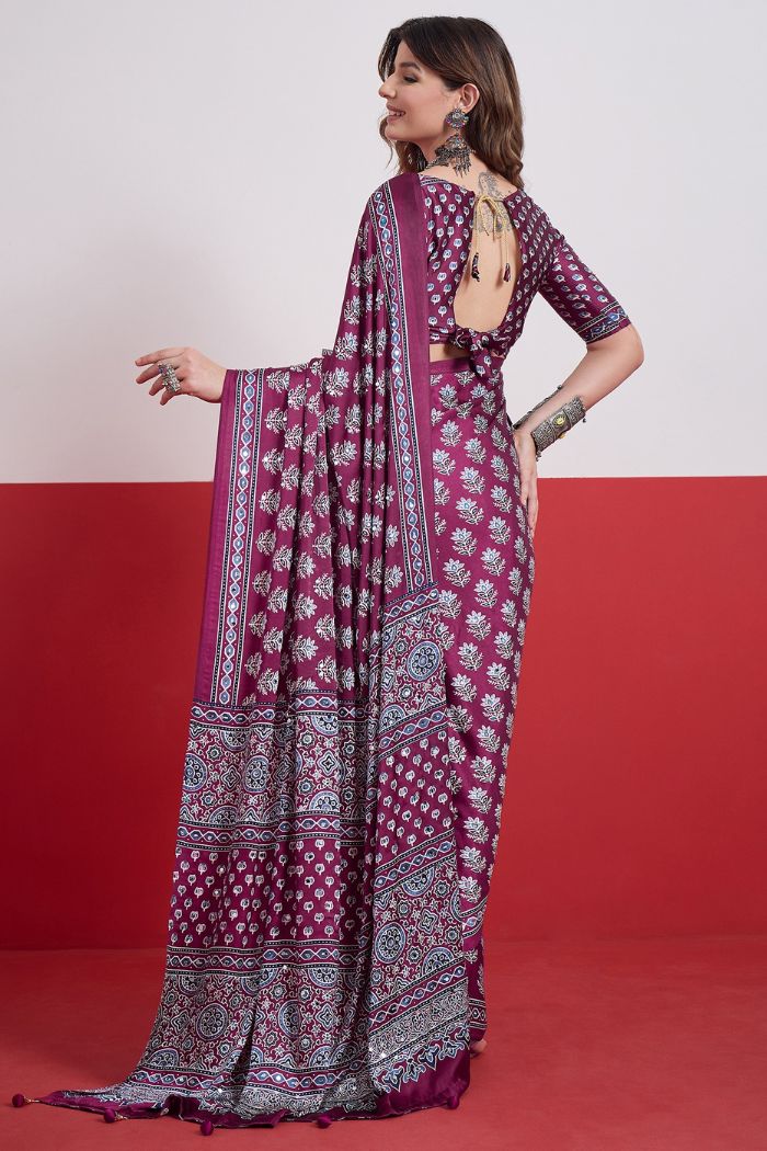 Buy MySilkLove Plum Purple Modal Ajrakh Satin Printed Mirror Work Saree Online
