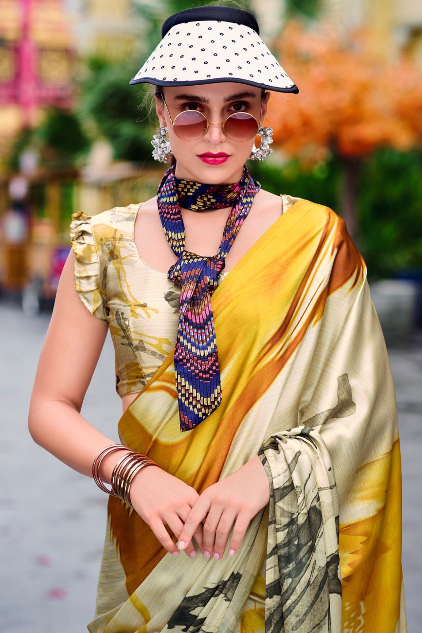 Buy MySilkLove Copper Yellow Printed Satin Crepe Silk Saree Online