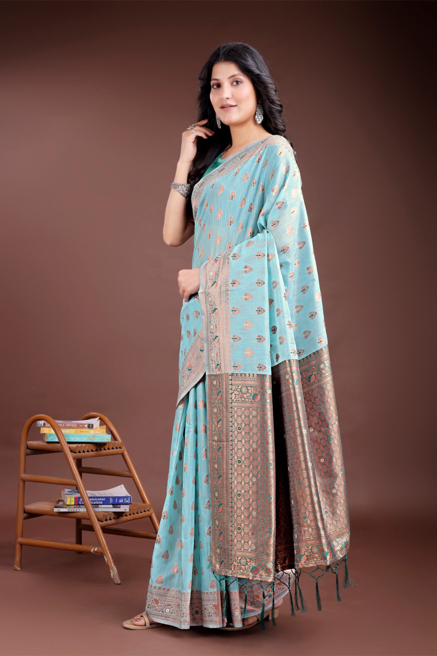 Buy MySilkLove Aqua Blue Linen Cotton Saree Online