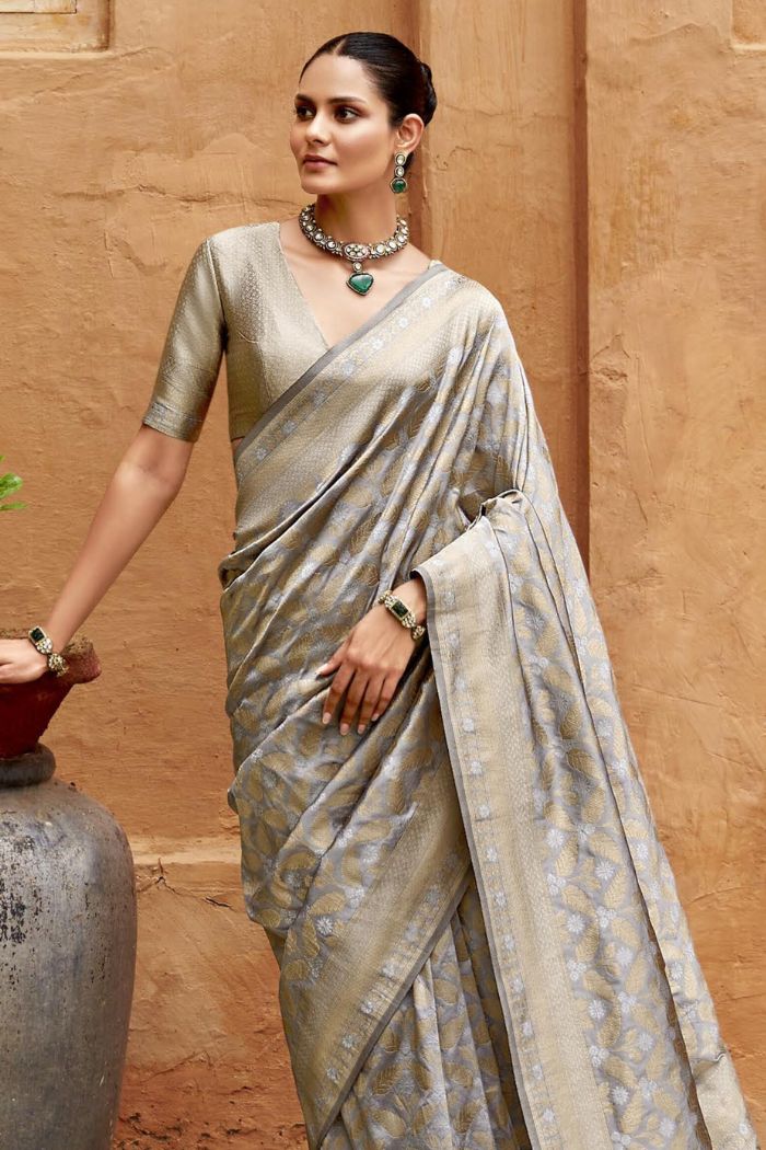 Buy MySilkLove Silver Grey Woven Banarasi Saree Online