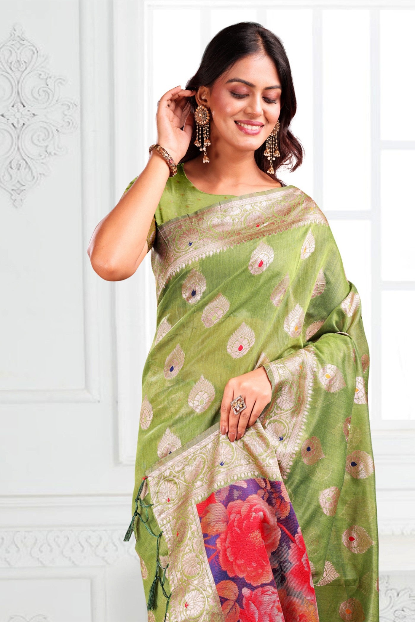 MySilkLove Lime Green Woven Linen Cotton Saree