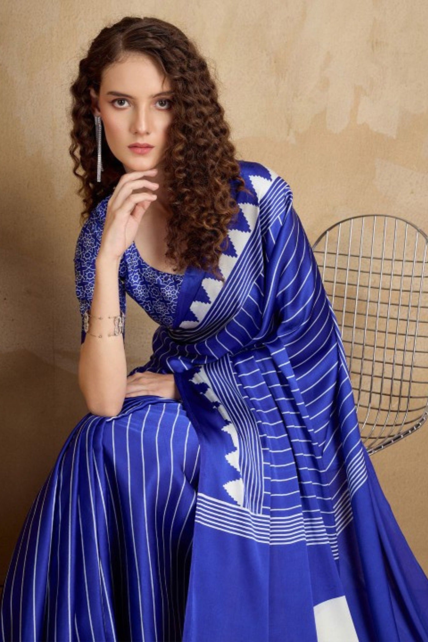MySilkLove Spruce Blue Ajrakh Printed Satin Crepe Silk Saree