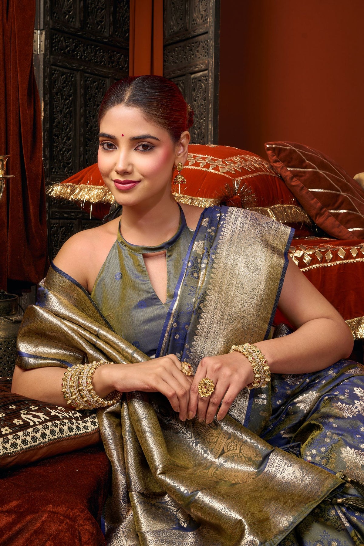 Buy MySilkLove Storm Cloud Grey Woven Banarasi Jacquard Soft Silk Saree Online