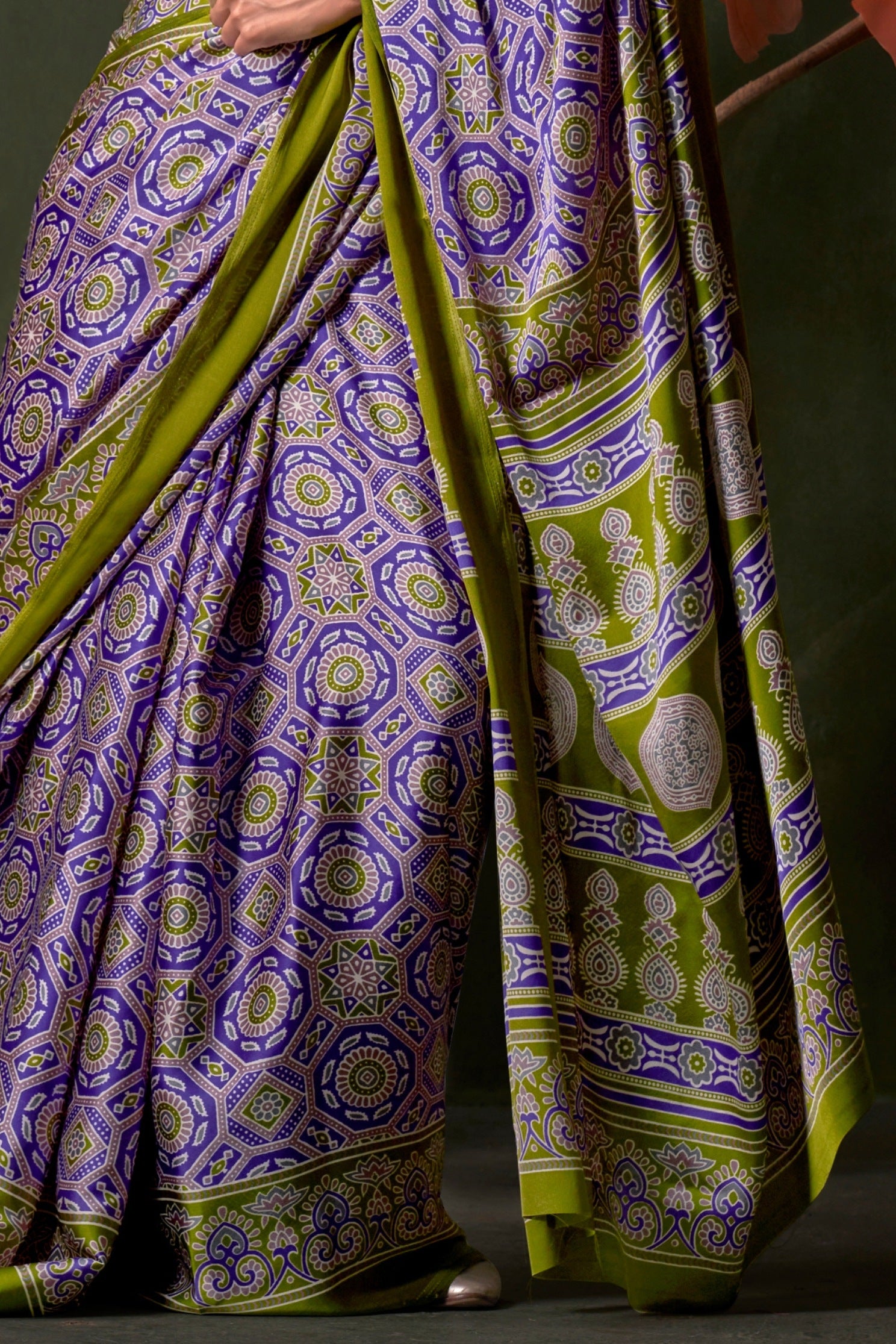 Buy MySilkLove Veronica Purple and Green Ajrakh Printed Satin Crepe Silk Saree Online