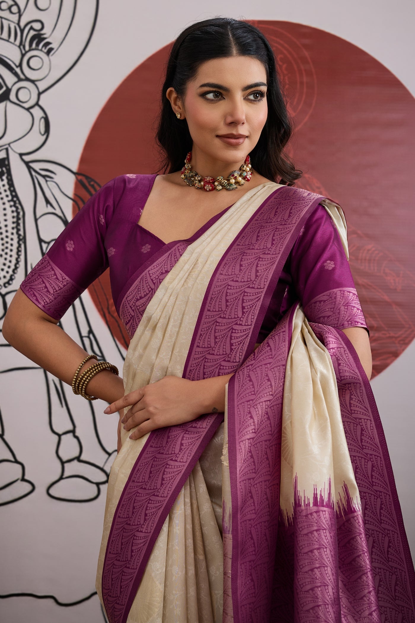 MySilkLove Egg Nog Cream and Purple Handloom South Silk Saree