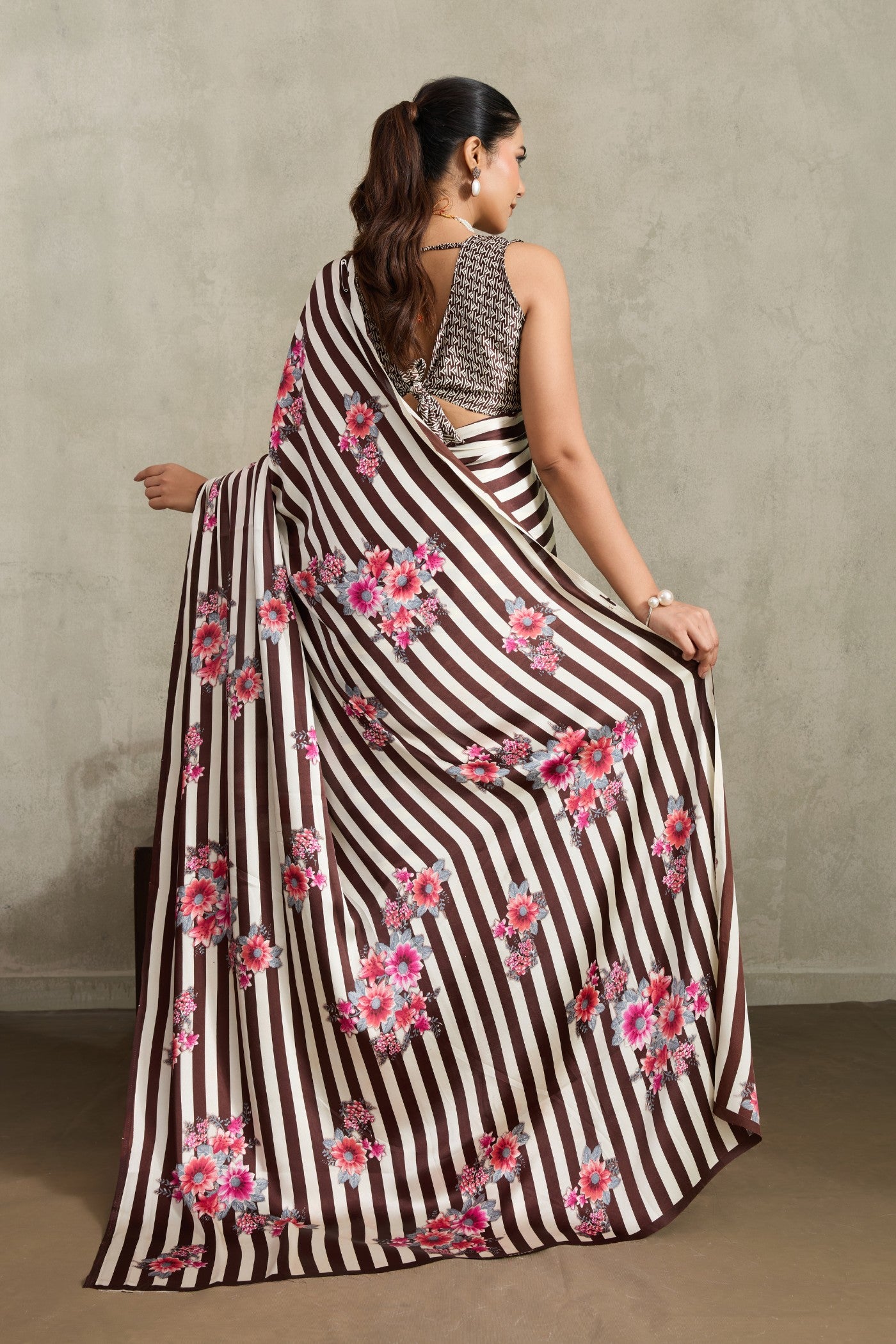 Buy MySilkLove Umber Brown Ajrakh Printed Satin Crepe Silk Saree Online