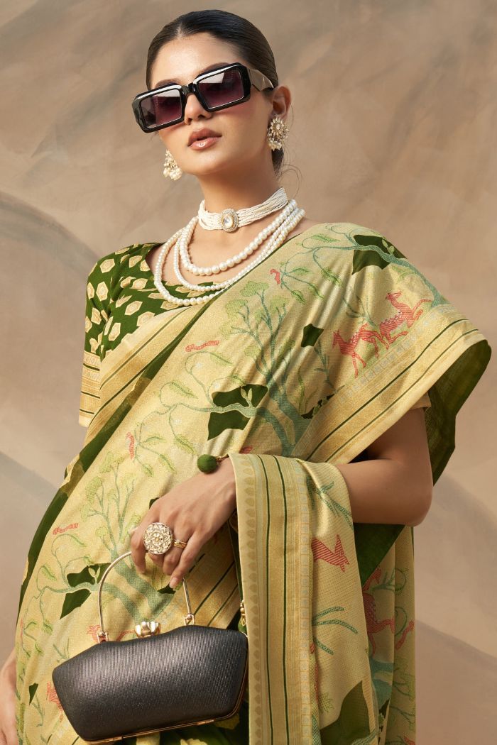 Buy MySilkLove Clover Green Woven Georgette saree Online