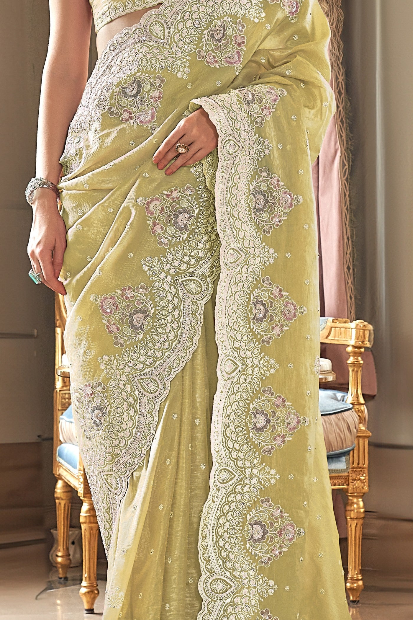 Buy MySilkLove Cape Honey Yellow Embroidery Designer Saree Online