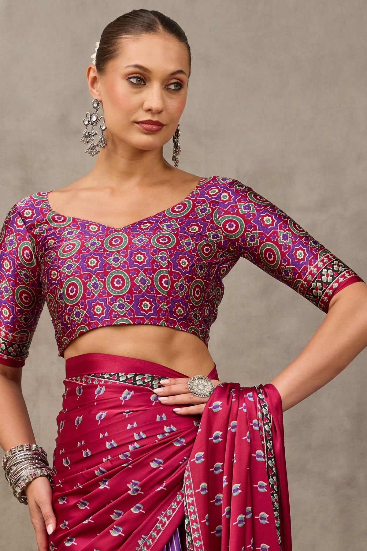 Buy MySilkLove Ruby Maroon and Purple Modal Satin Printed Silk Saree Online