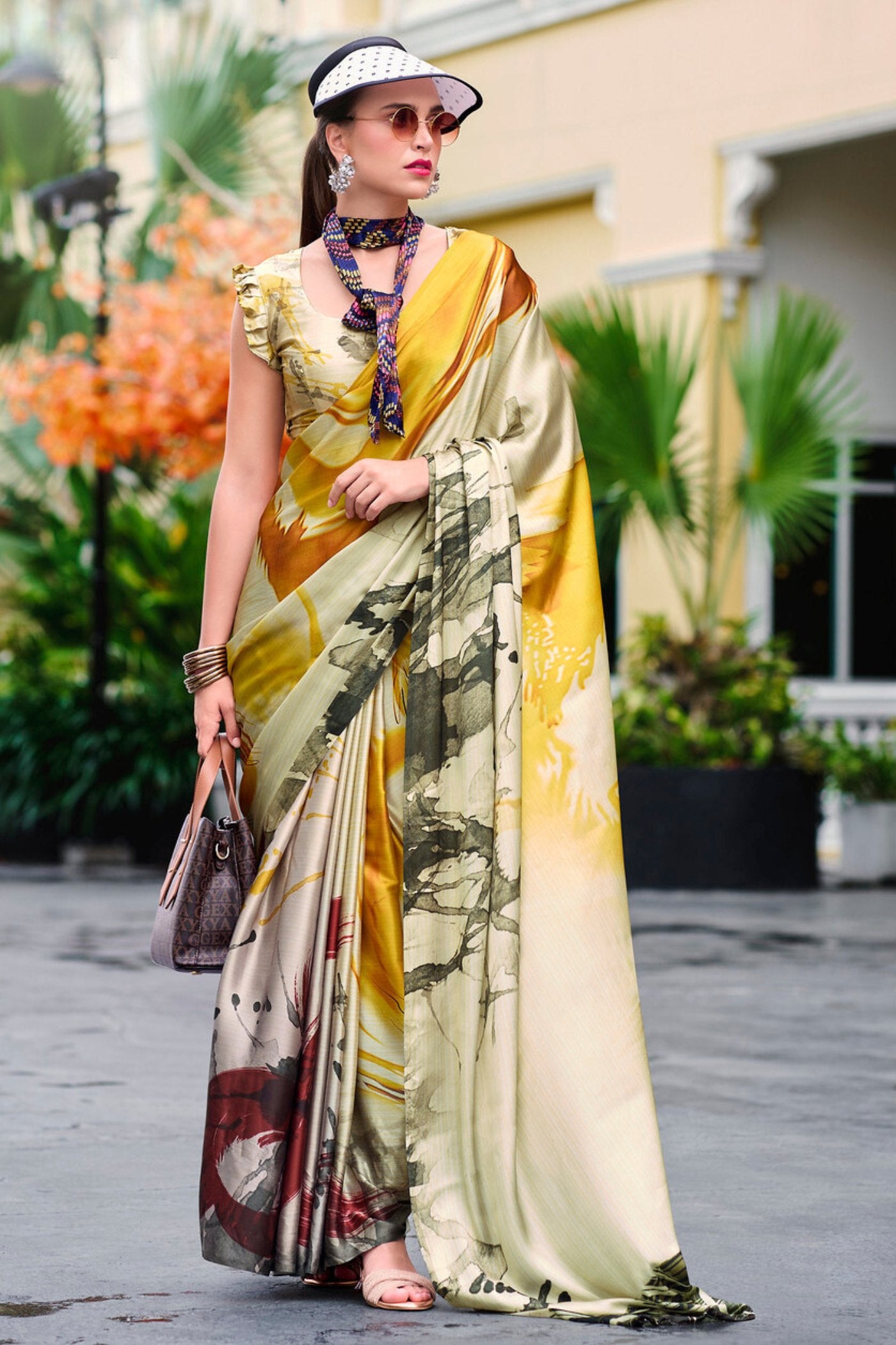 Buy MySilkLove Copper Yellow Printed Satin Crepe Silk Saree Online