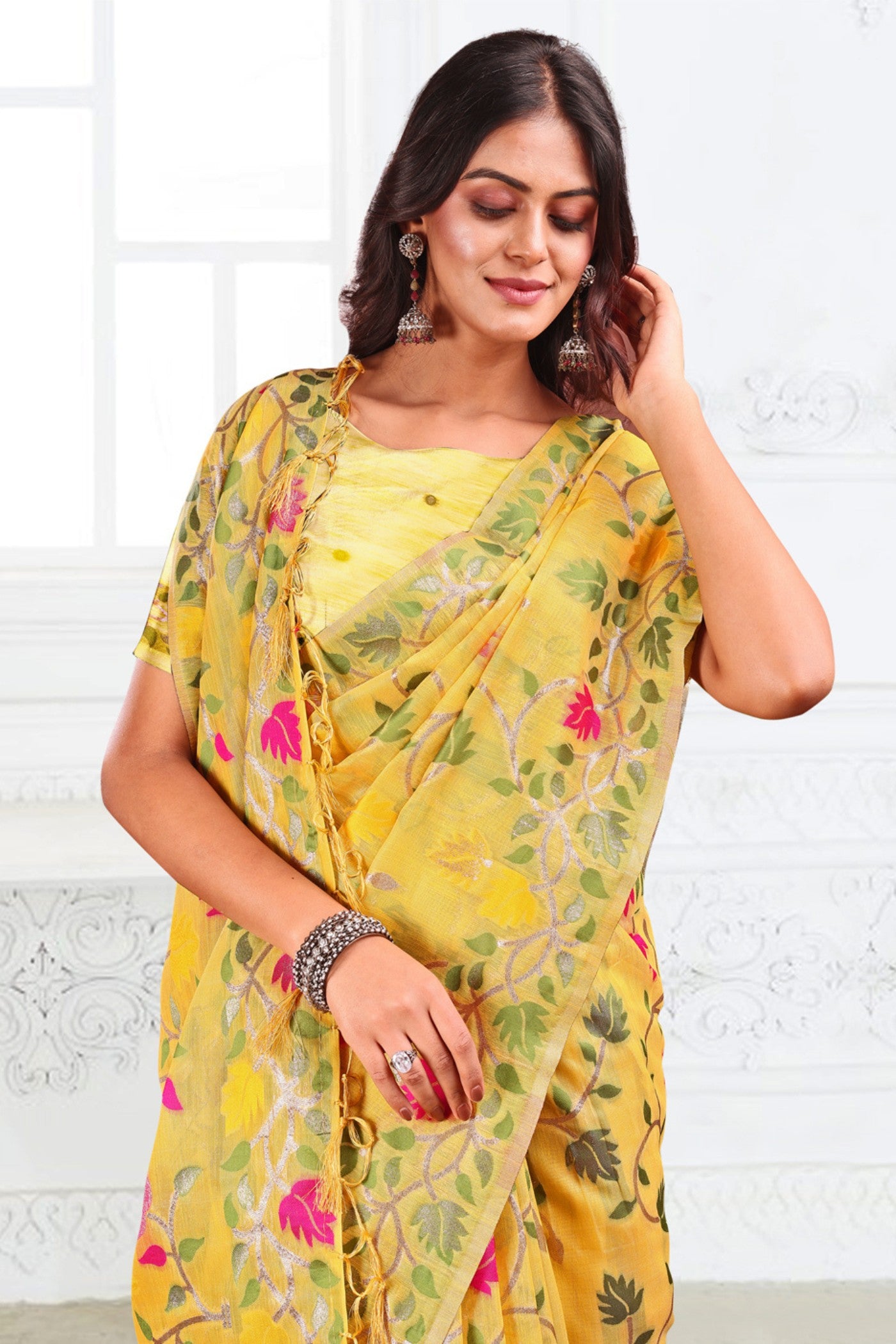 MySilkLove Saffron Yellow Woven Linen Cotton Saree
